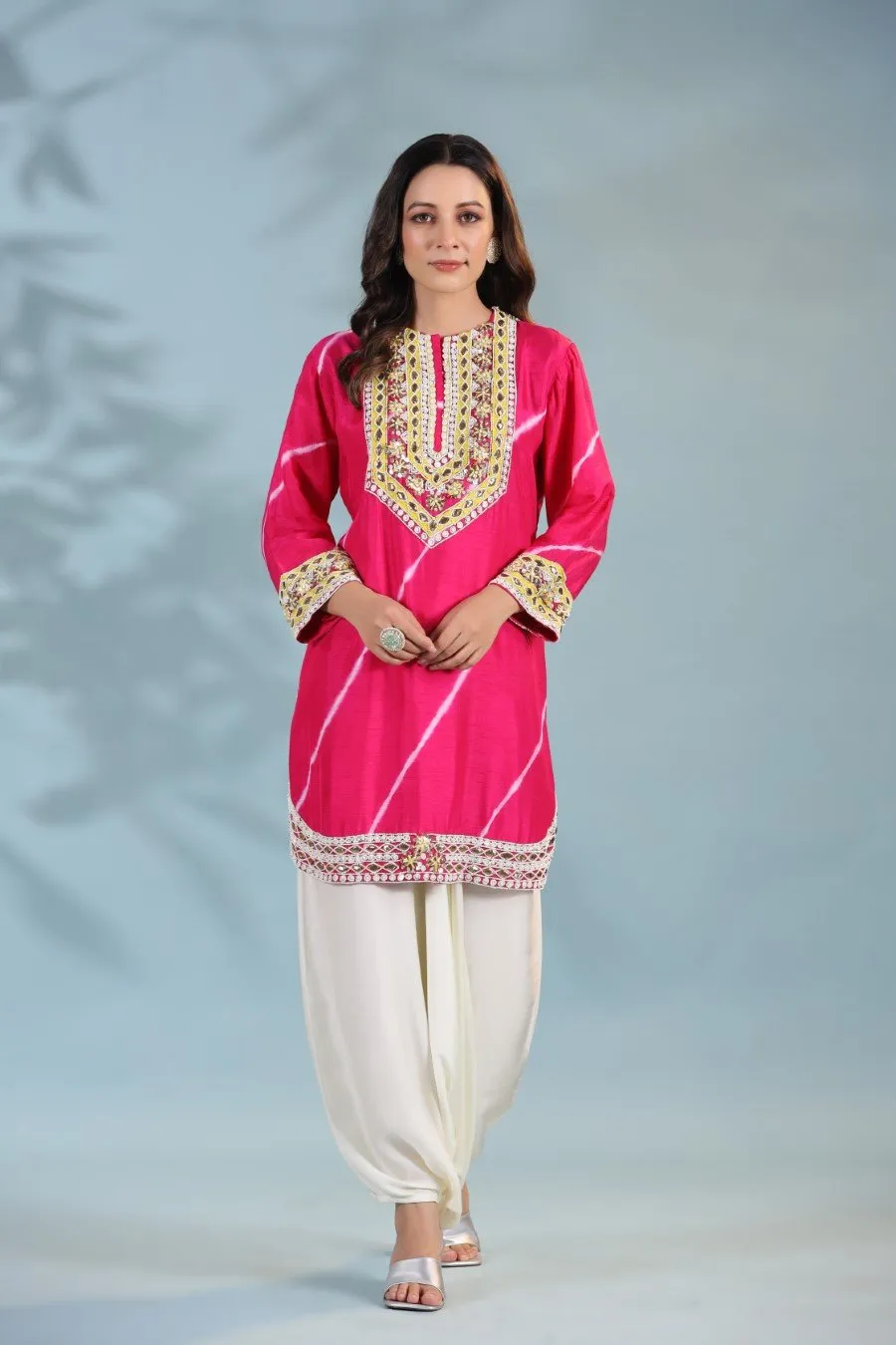 Cersie Pink Leheriya Embroidered Kurta with Harem Pants