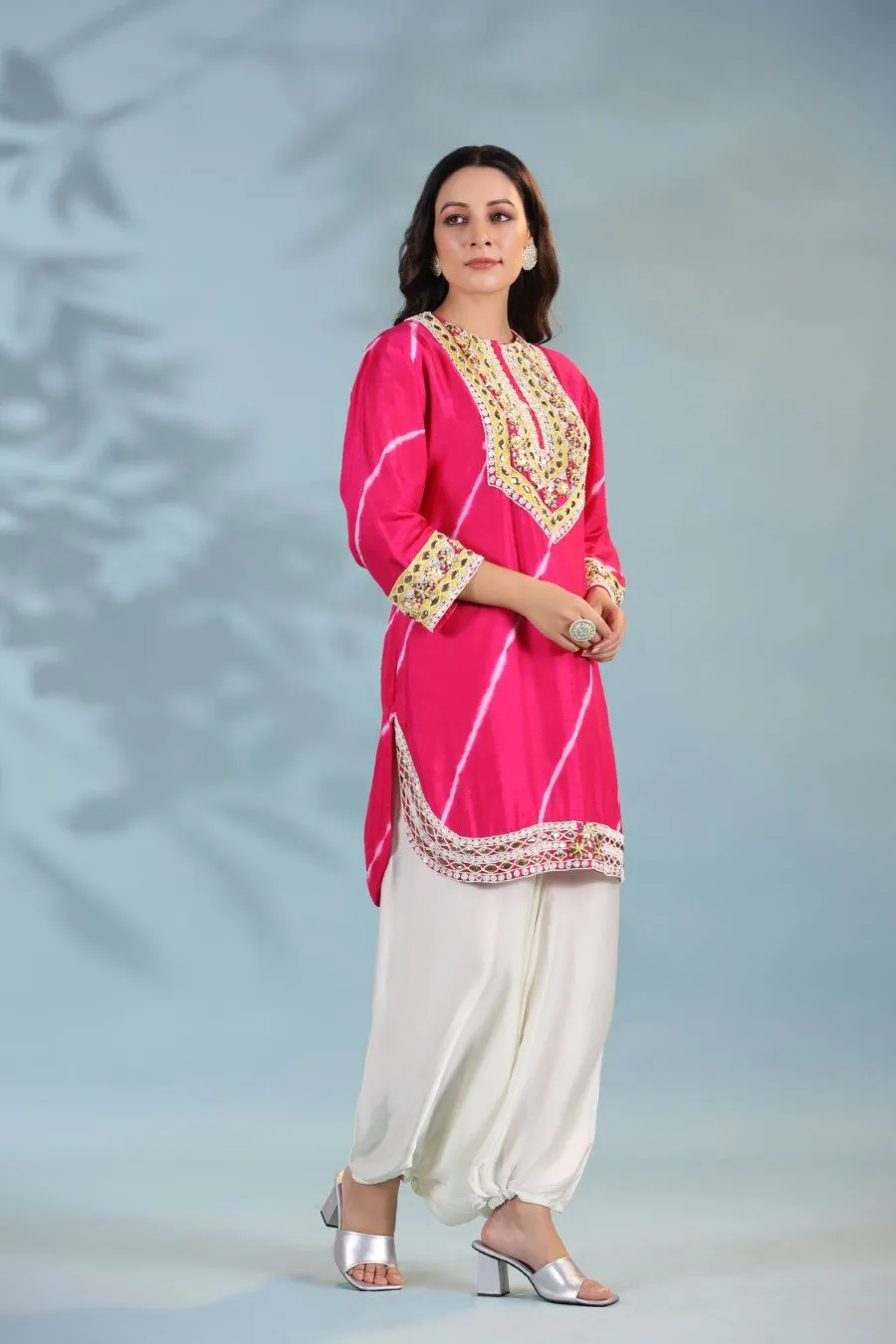 Cersie Pink Leheriya Embroidered Kurta with Harem Pants