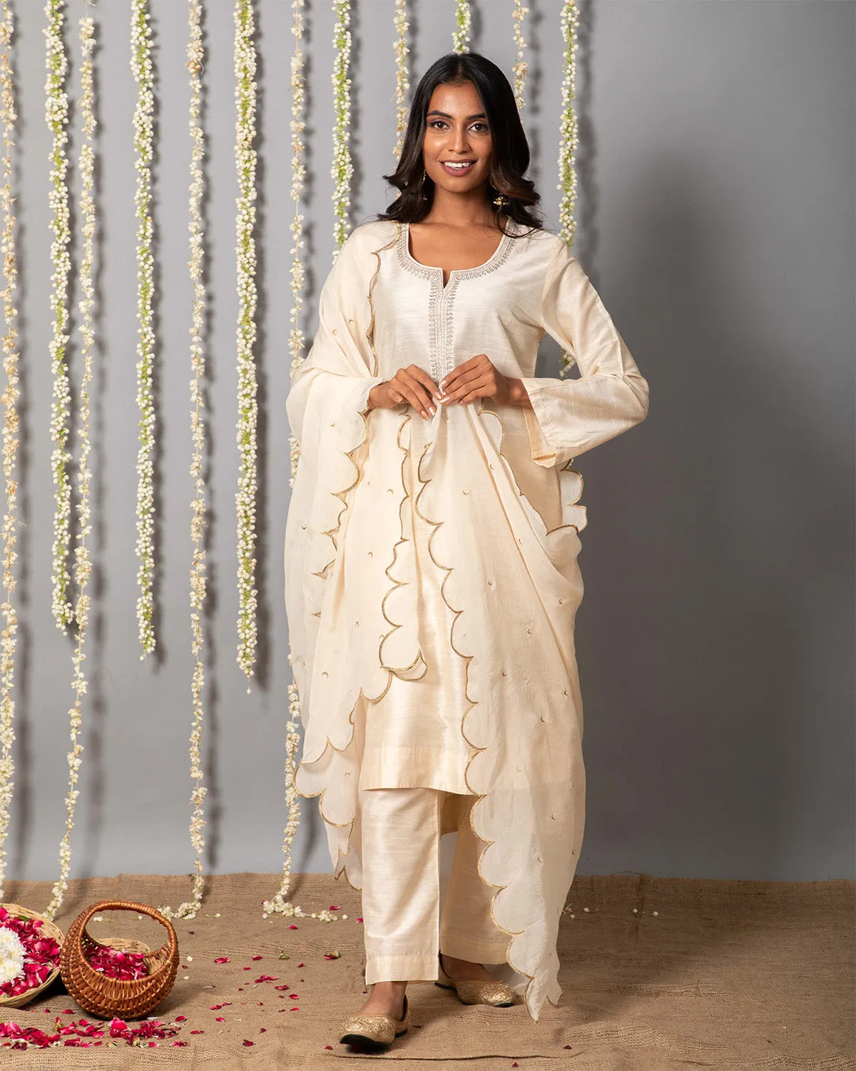 Chand Ivory Cotton Silk Kurta with Organza silk Dupatta - Set of 3