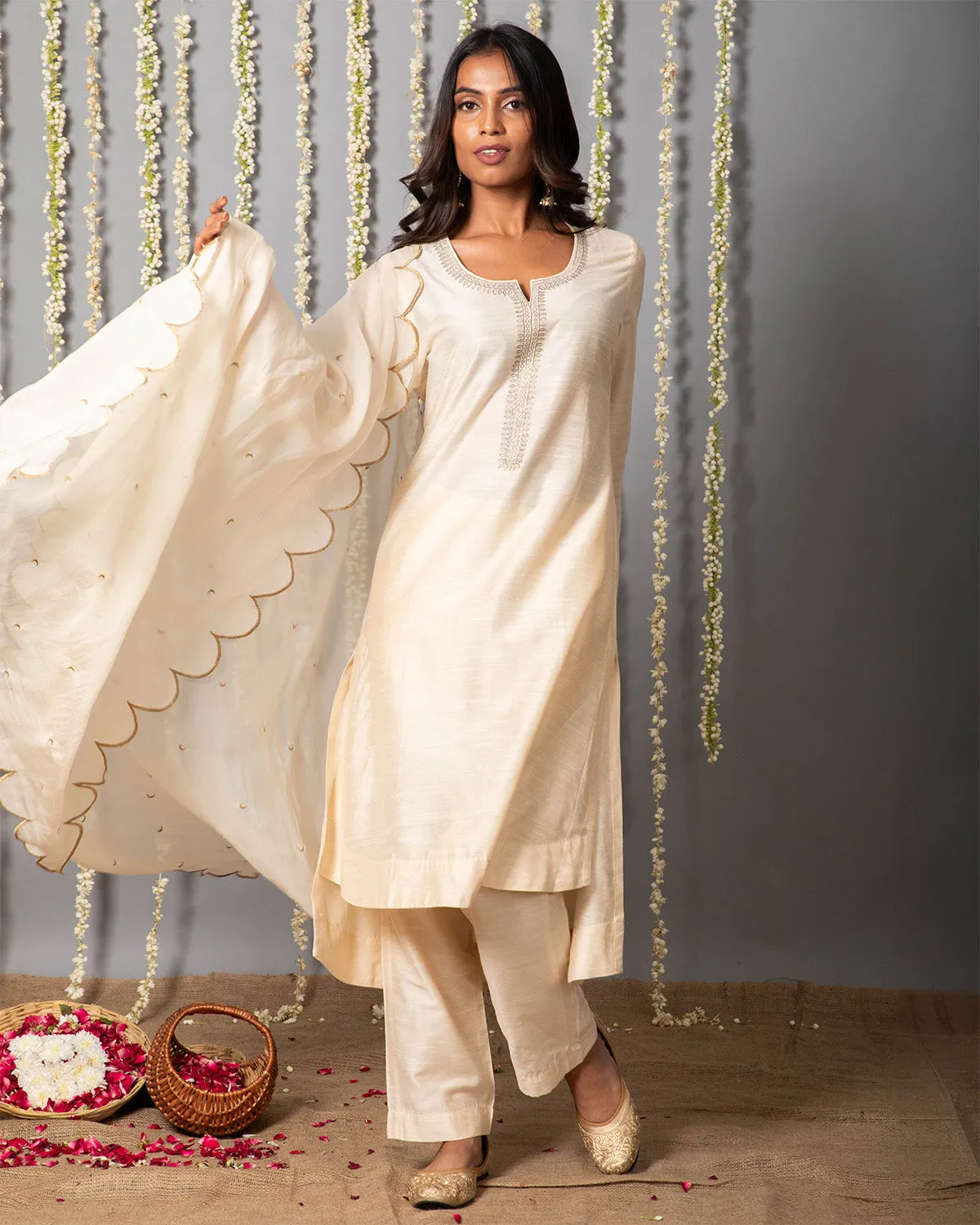 Chand Ivory Cotton Silk Kurta with Organza silk Dupatta - Set of 3