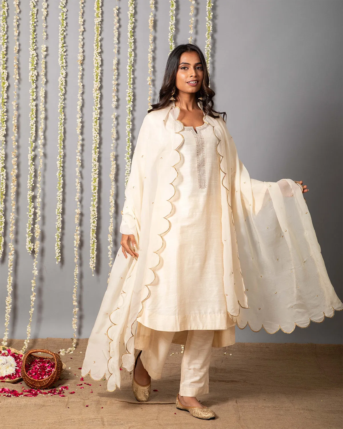 Chand Ivory Cotton Silk Kurta with Organza silk Dupatta - Set of 3