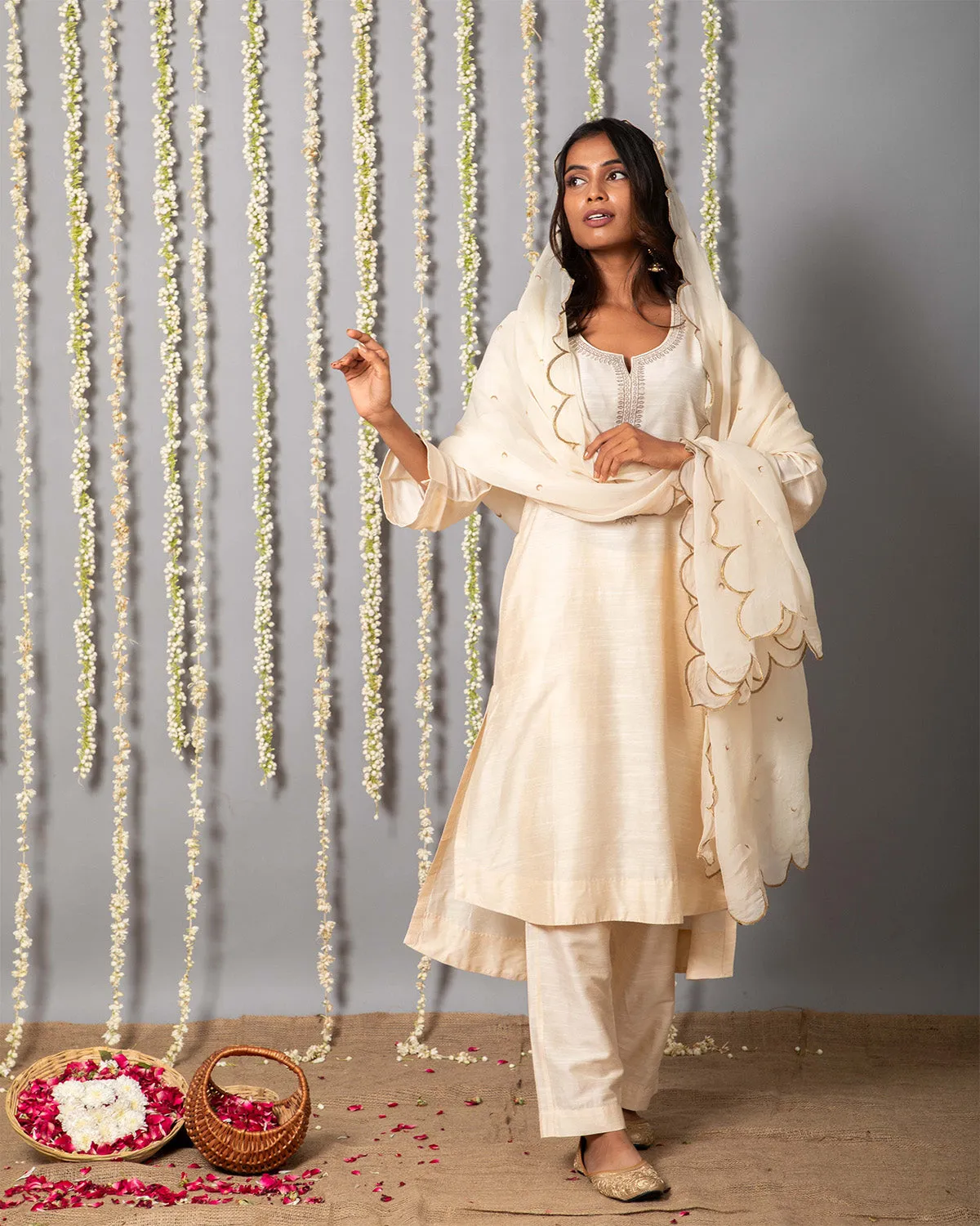 Chand Ivory Cotton Silk Kurta with Organza silk Dupatta - Set of 3