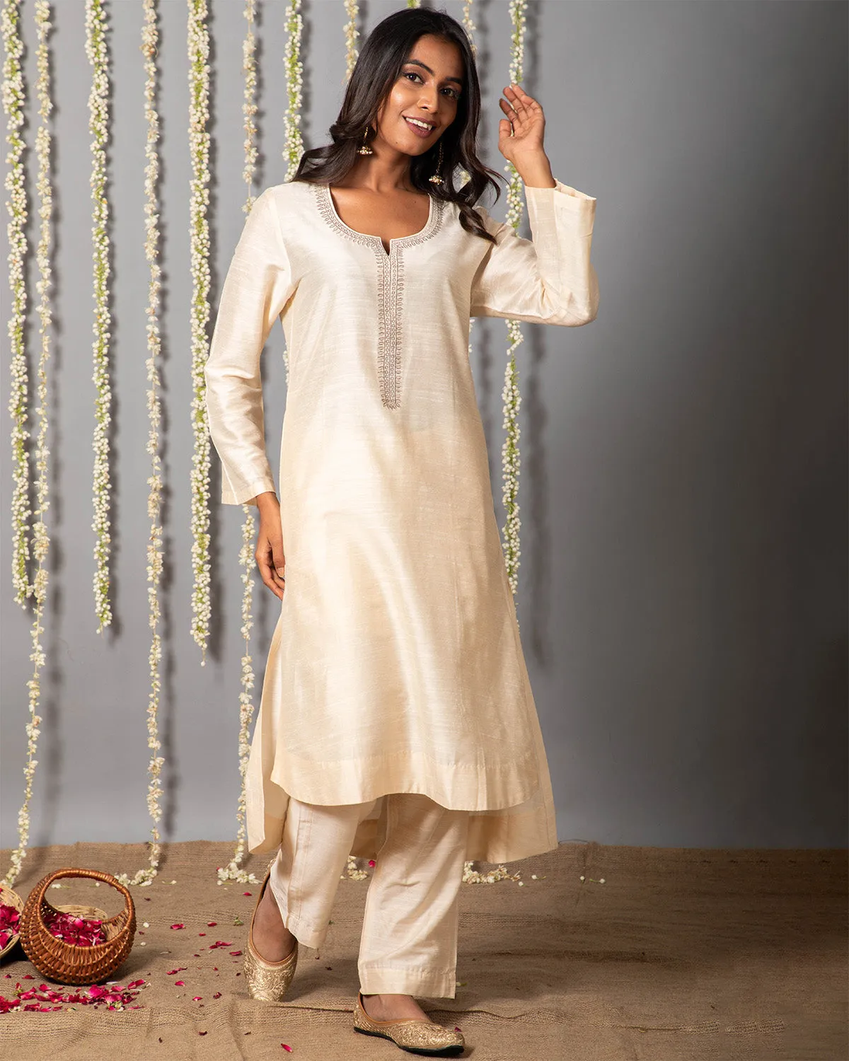 Chand Ivory Cotton Silk Kurta with Organza silk Dupatta - Set of 3