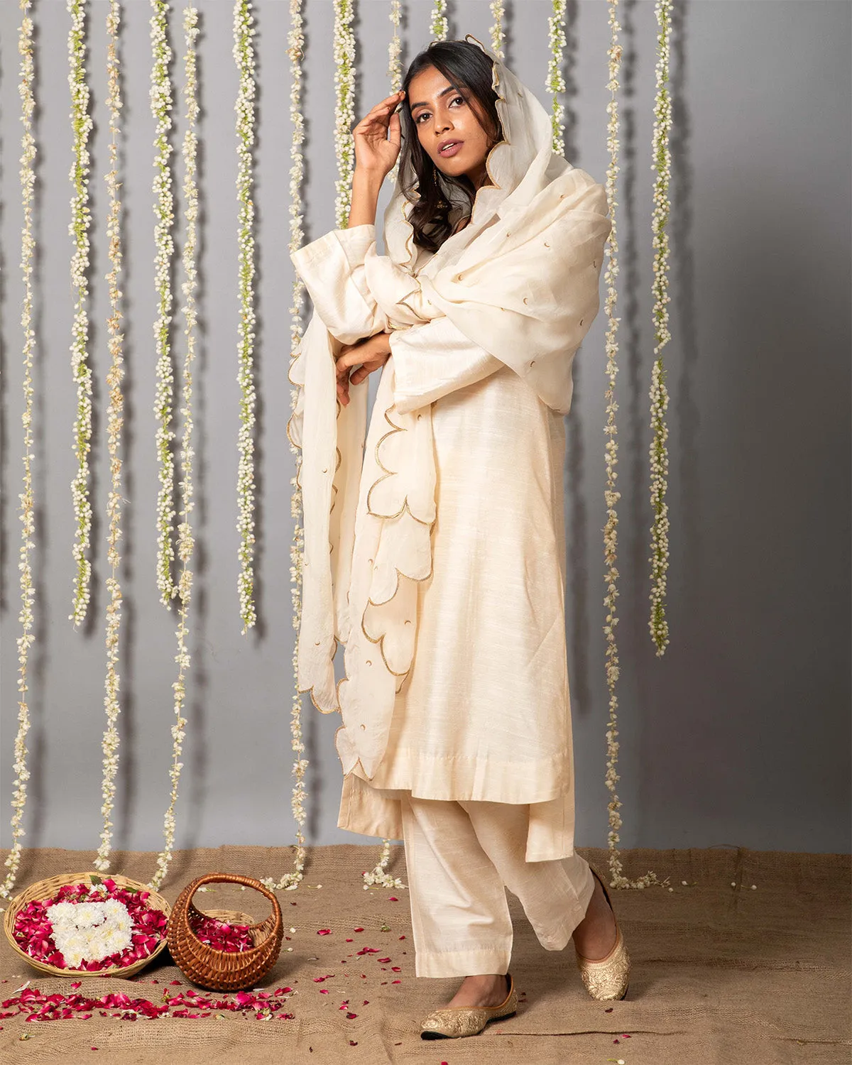 Chand Ivory Cotton Silk Kurta with Organza silk Dupatta - Set of 3