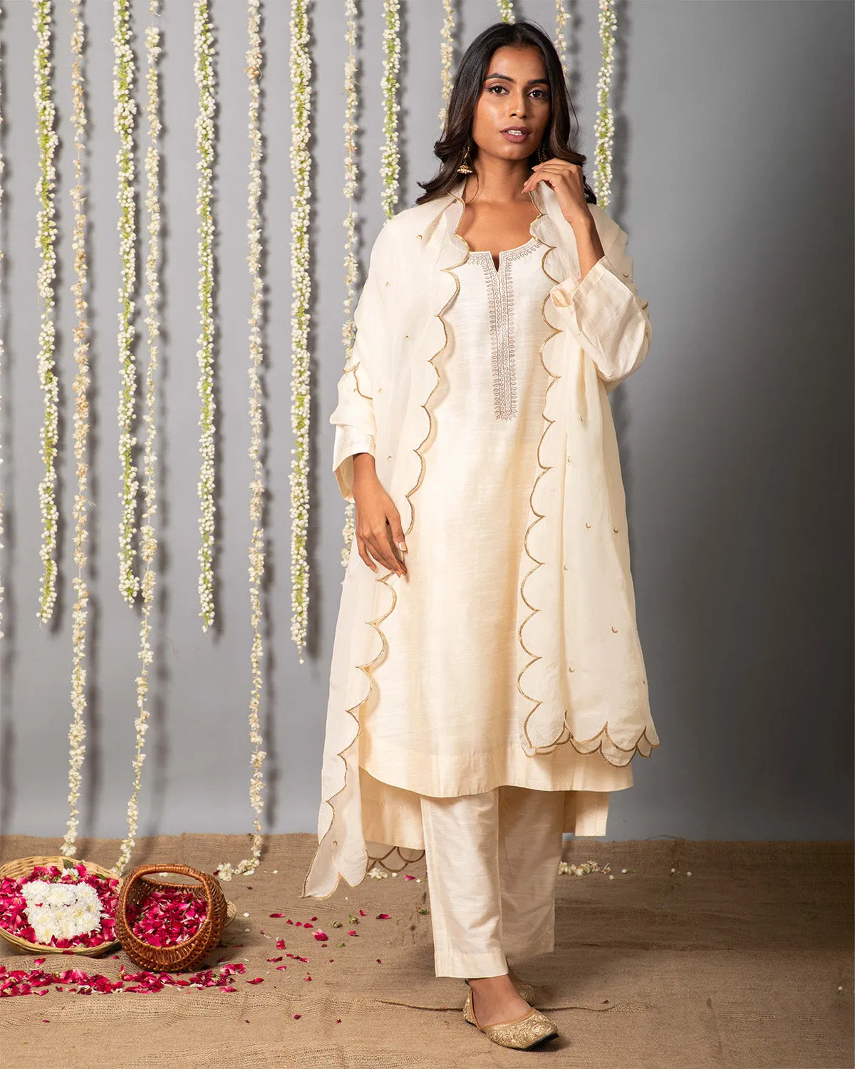 Chand Ivory Cotton Silk Kurta with Organza silk Dupatta - Set of 3