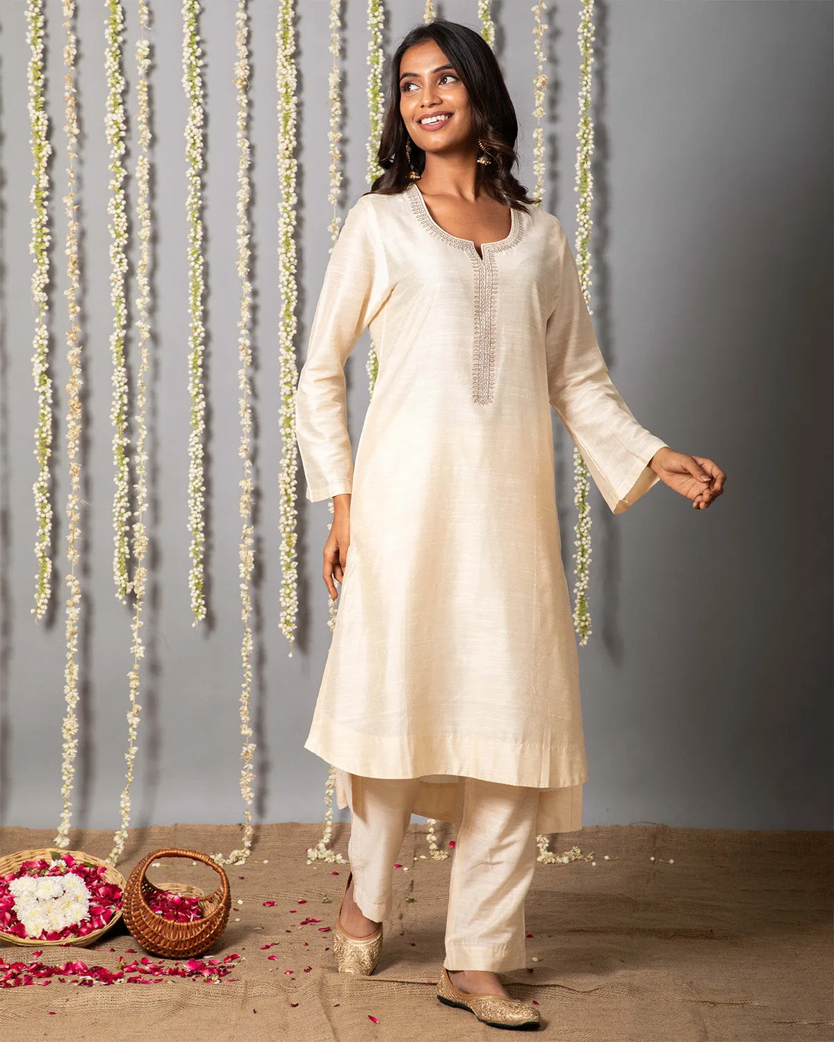 Chand Ivory Cotton Silk Kurta with Organza silk Dupatta - Set of 3