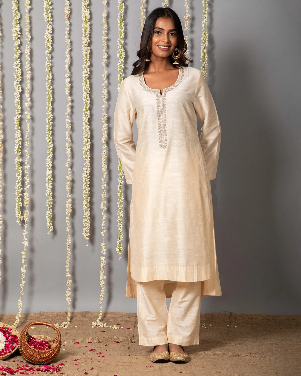 Chand Ivory Cotton Silk Kurta with Organza silk Dupatta - Set of 3