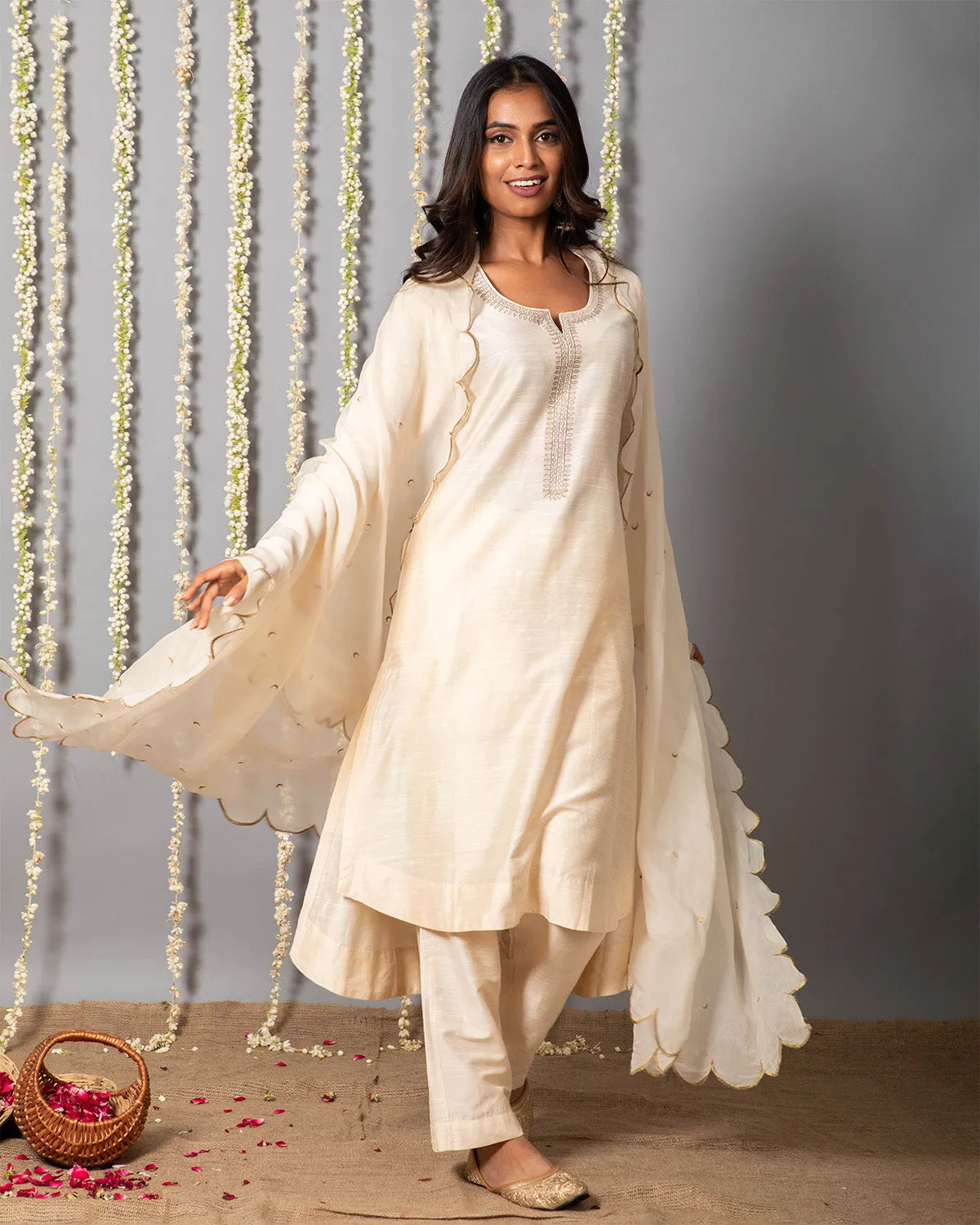 Chand Ivory Cotton Silk Kurta with Organza silk Dupatta - Set of 3