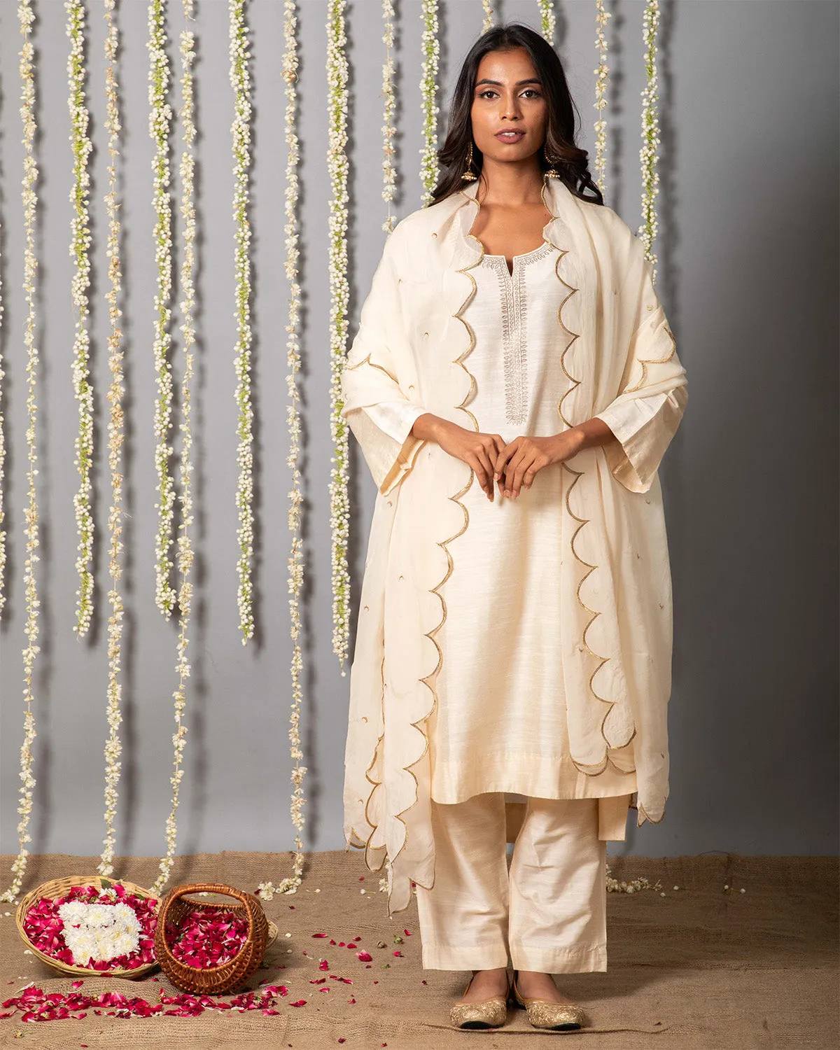 Chand Ivory Cotton Silk Kurta with Organza silk Dupatta - Set of 3