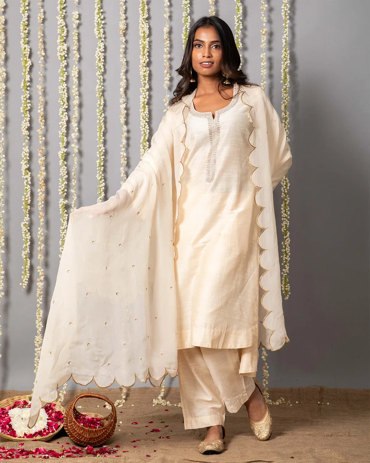 Chand Ivory Cotton Silk Kurta with Organza silk Dupatta - Set of 3