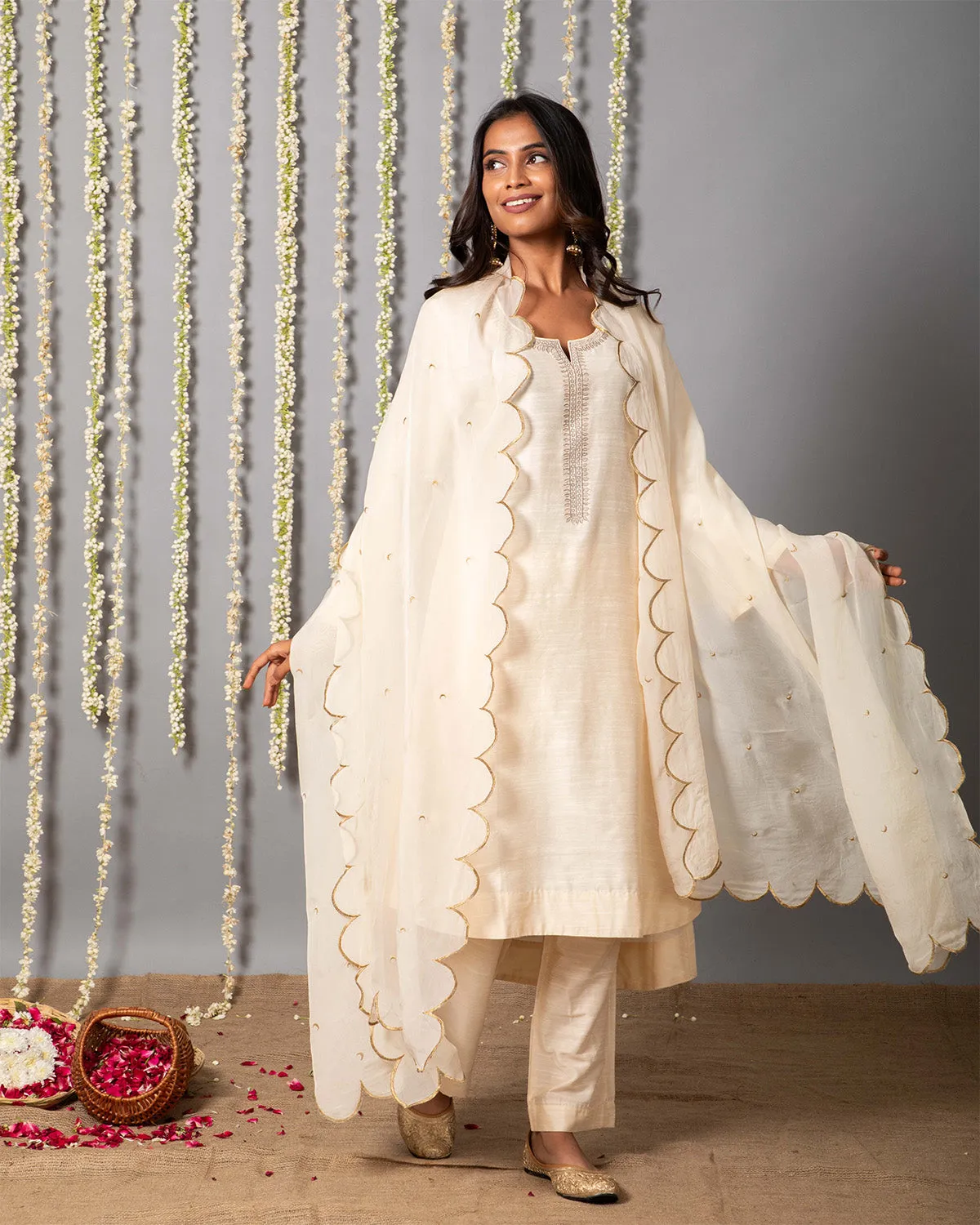 Chand Ivory Cotton Silk Kurta with Organza silk Dupatta - Set of 3