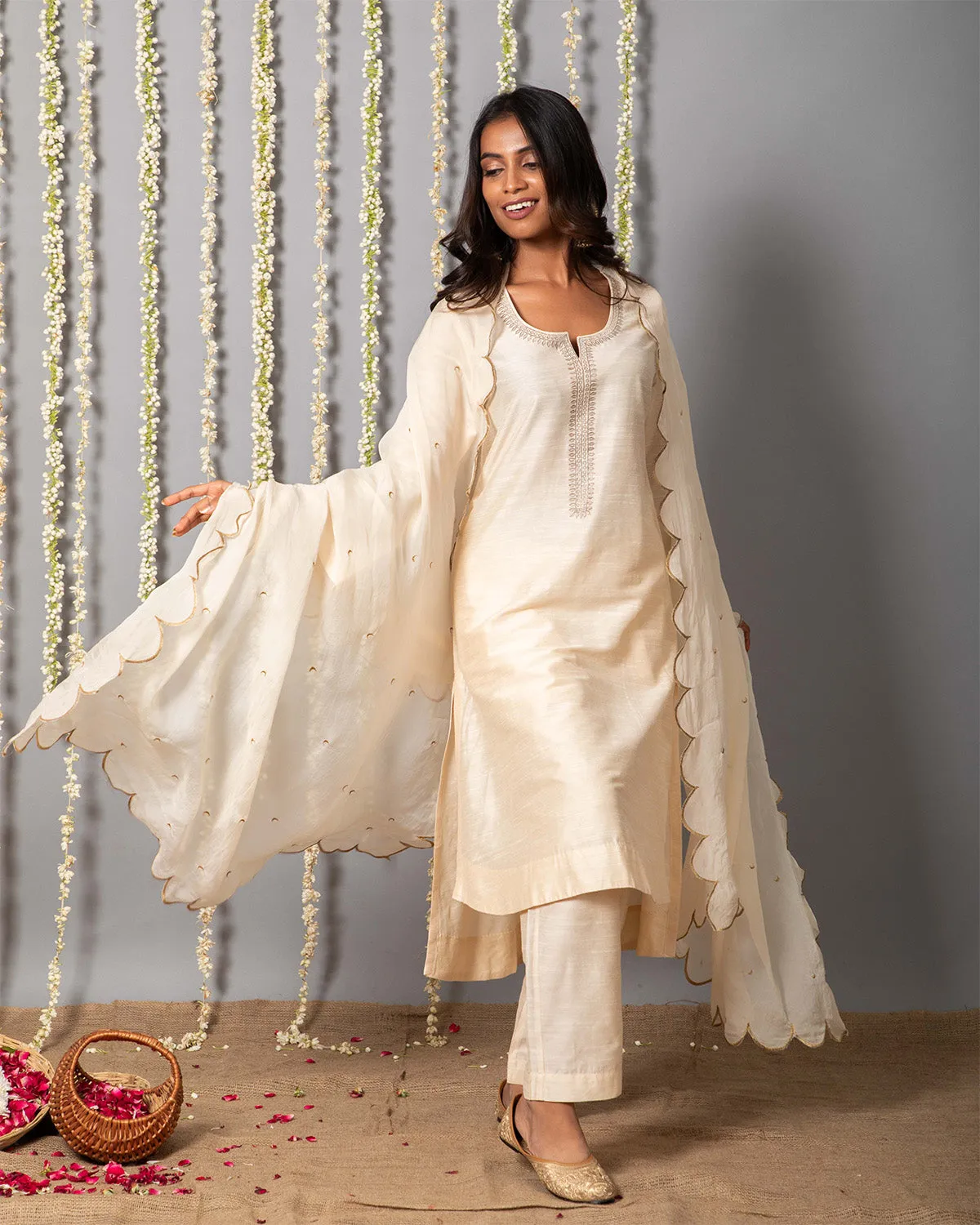 Chand Ivory Cotton Silk Kurta with Organza silk Dupatta - Set of 3