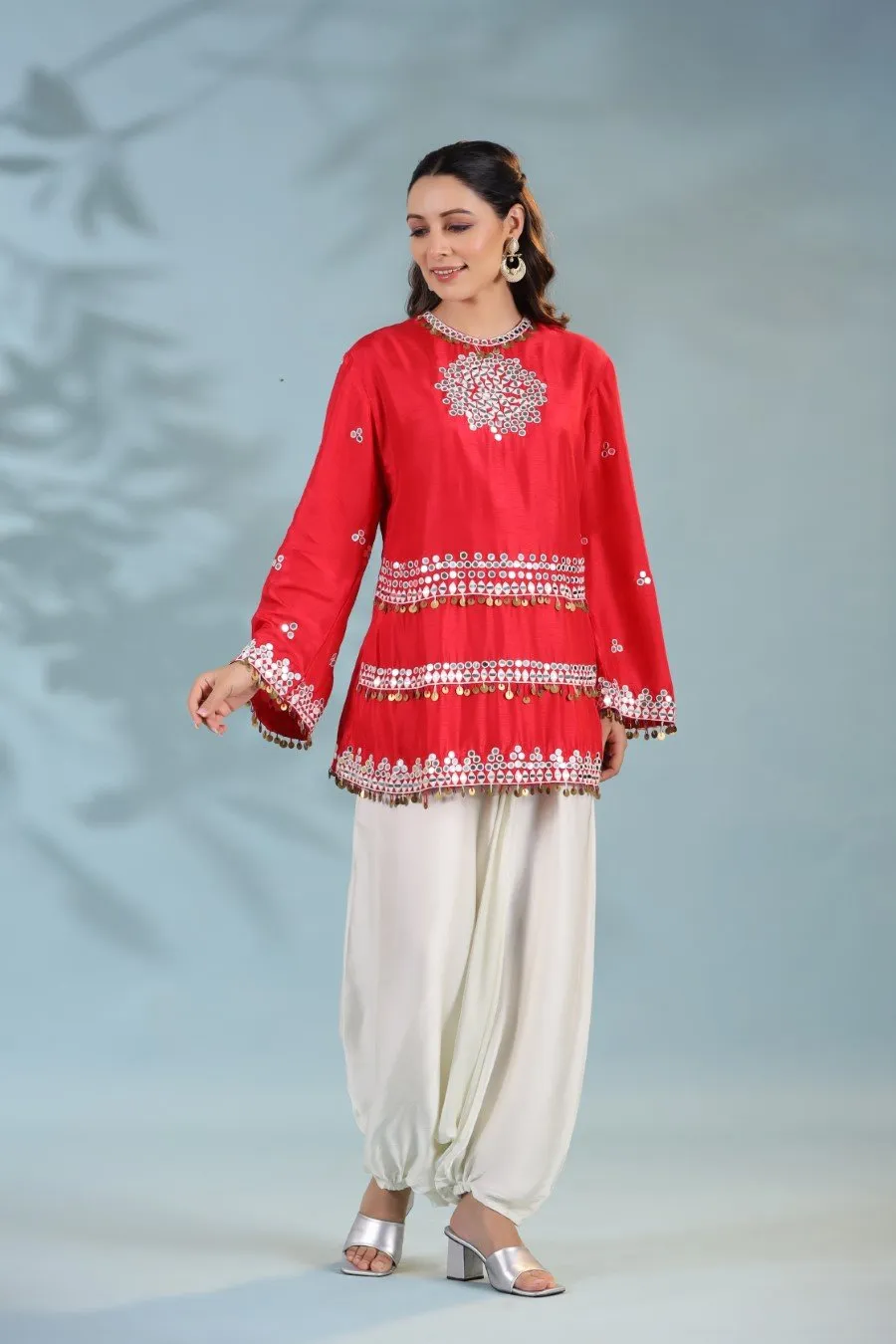 Cherry Red Mirror Embellished Tunic with Harem Pants