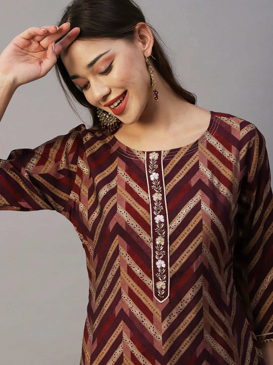 Chevron & Ethnic Foil Printed Zardozi Embroidered Kurta - Burgundy & Mauve