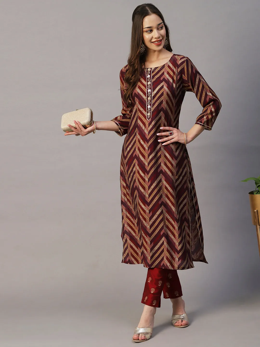 Chevron & Ethnic Foil Printed Zardozi Embroidered Kurta - Burgundy & Mauve