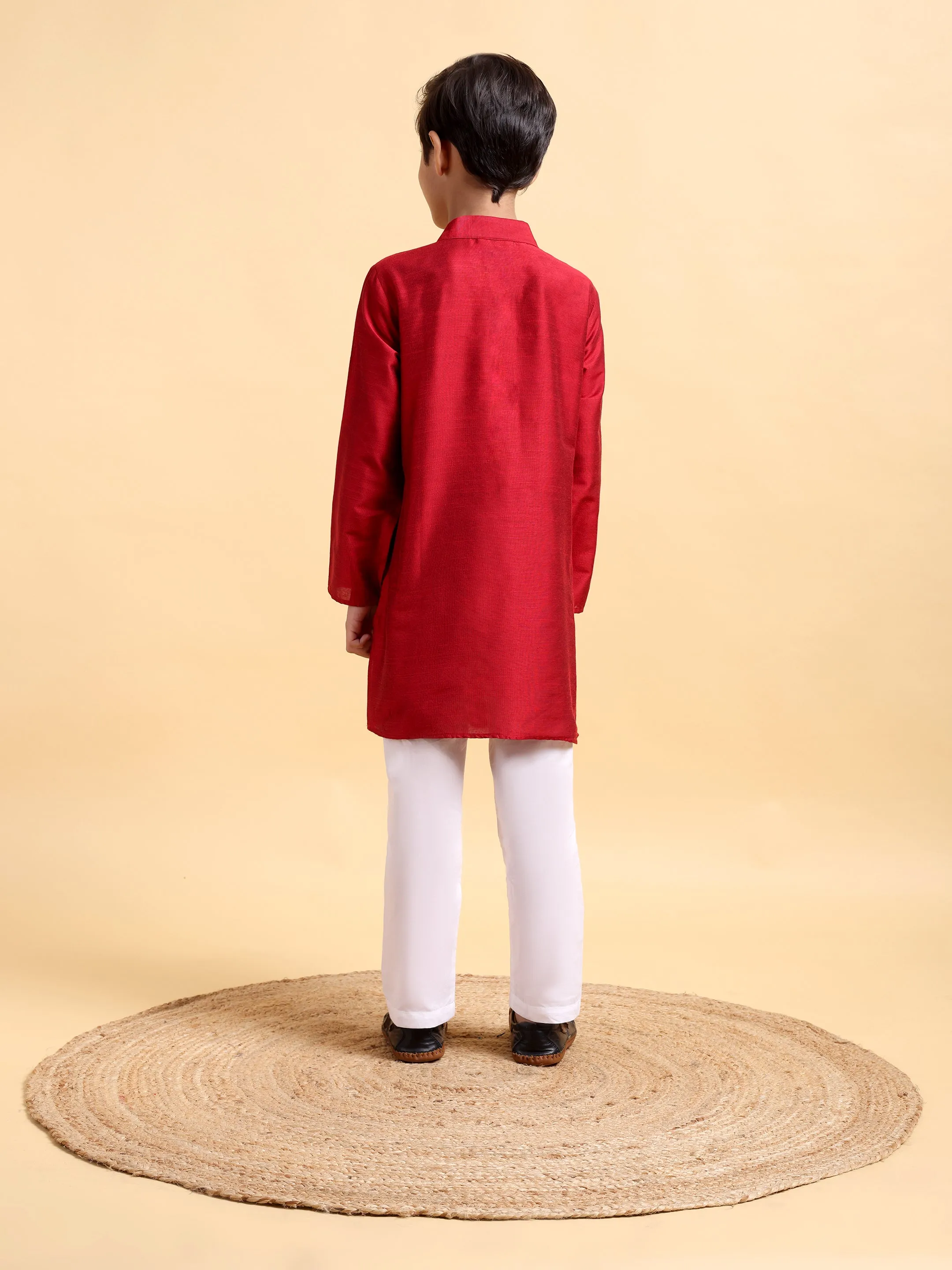 Classic Deep Red Cotton Silk Kurta & Pajama Set for Boys