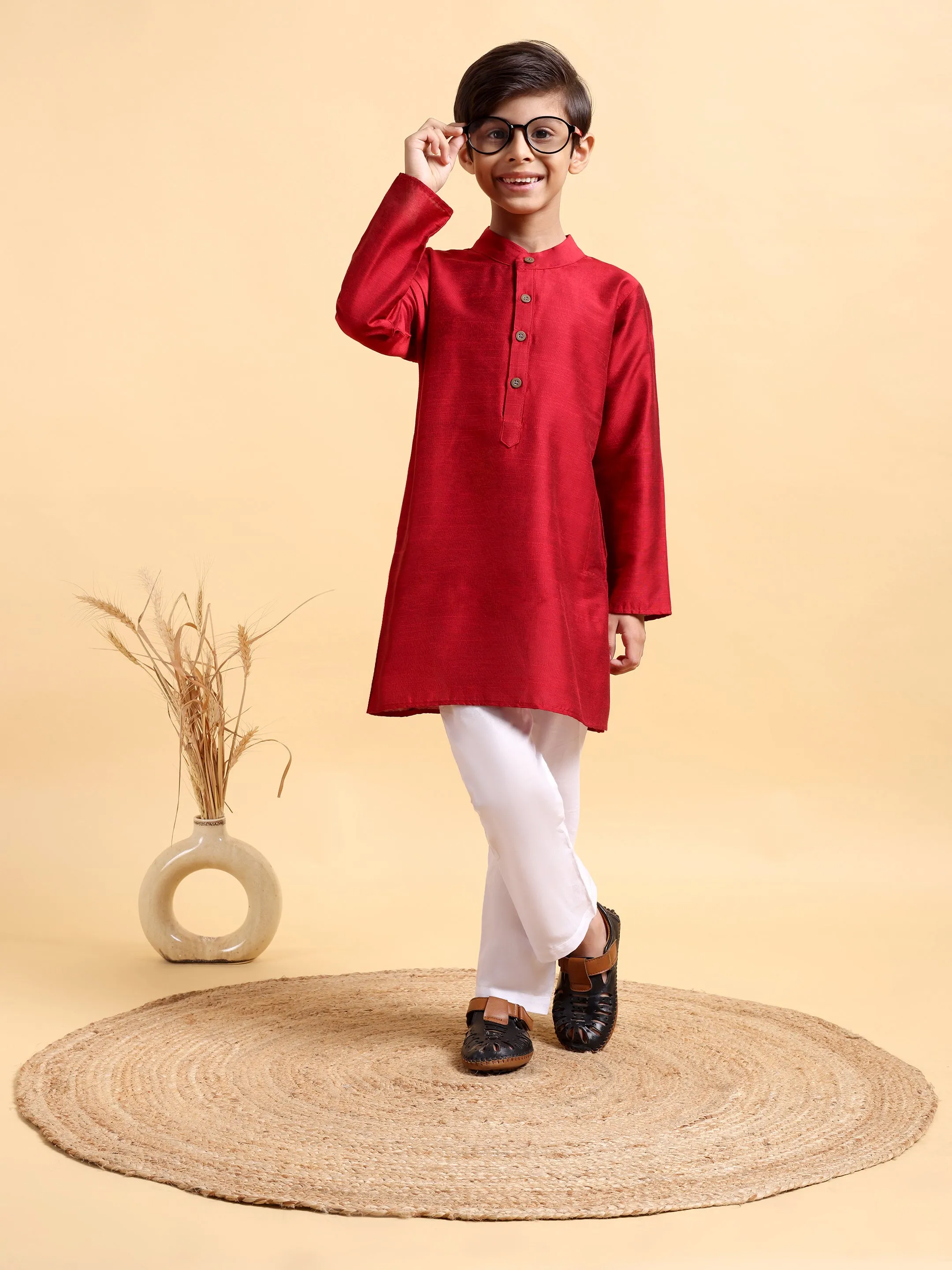 Classic Deep Red Cotton Silk Kurta & Pajama Set for Boys