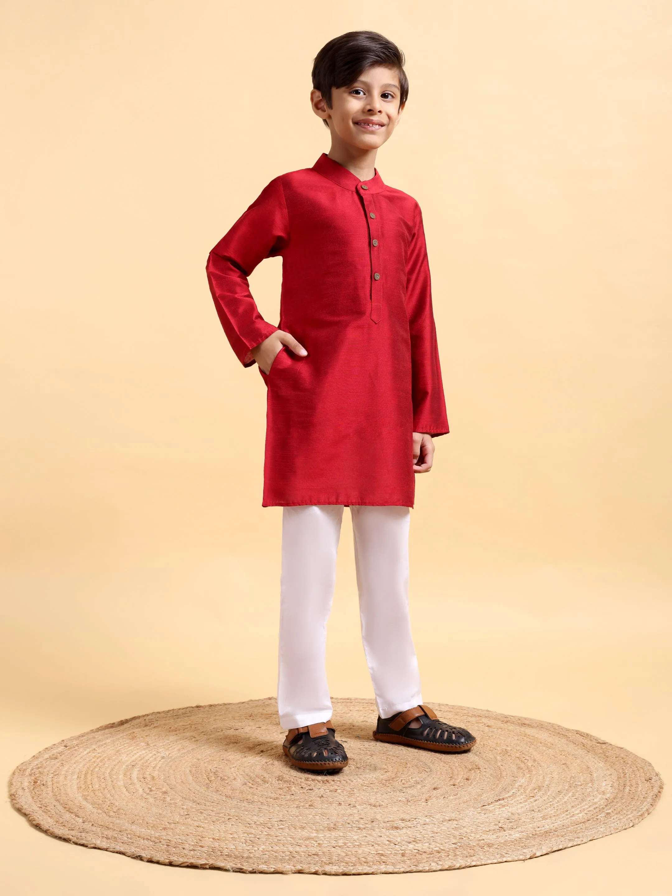 Classic Deep Red Cotton Silk Kurta & Pajama Set for Boys