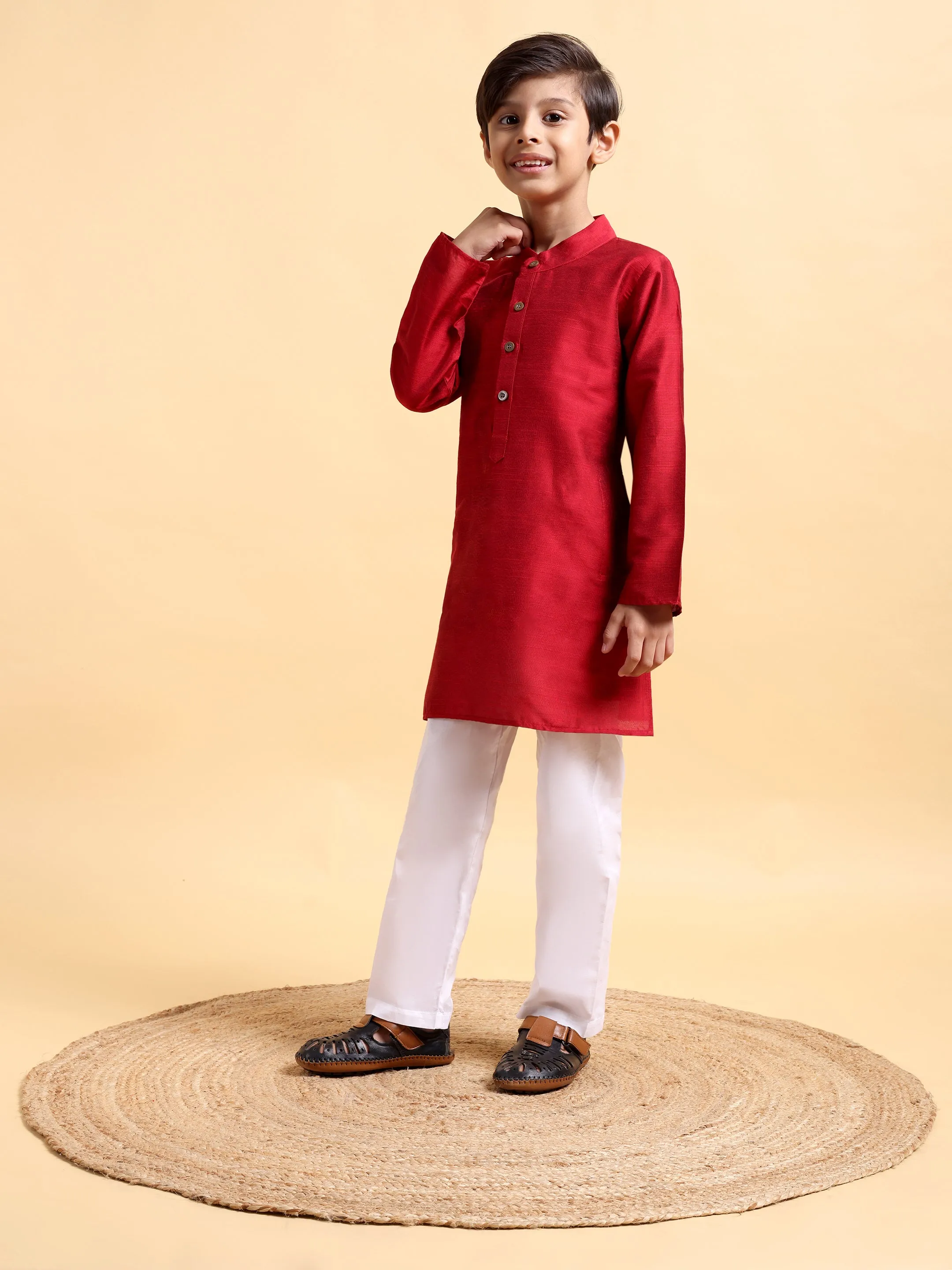 Classic Deep Red Cotton Silk Kurta & Pajama Set for Boys