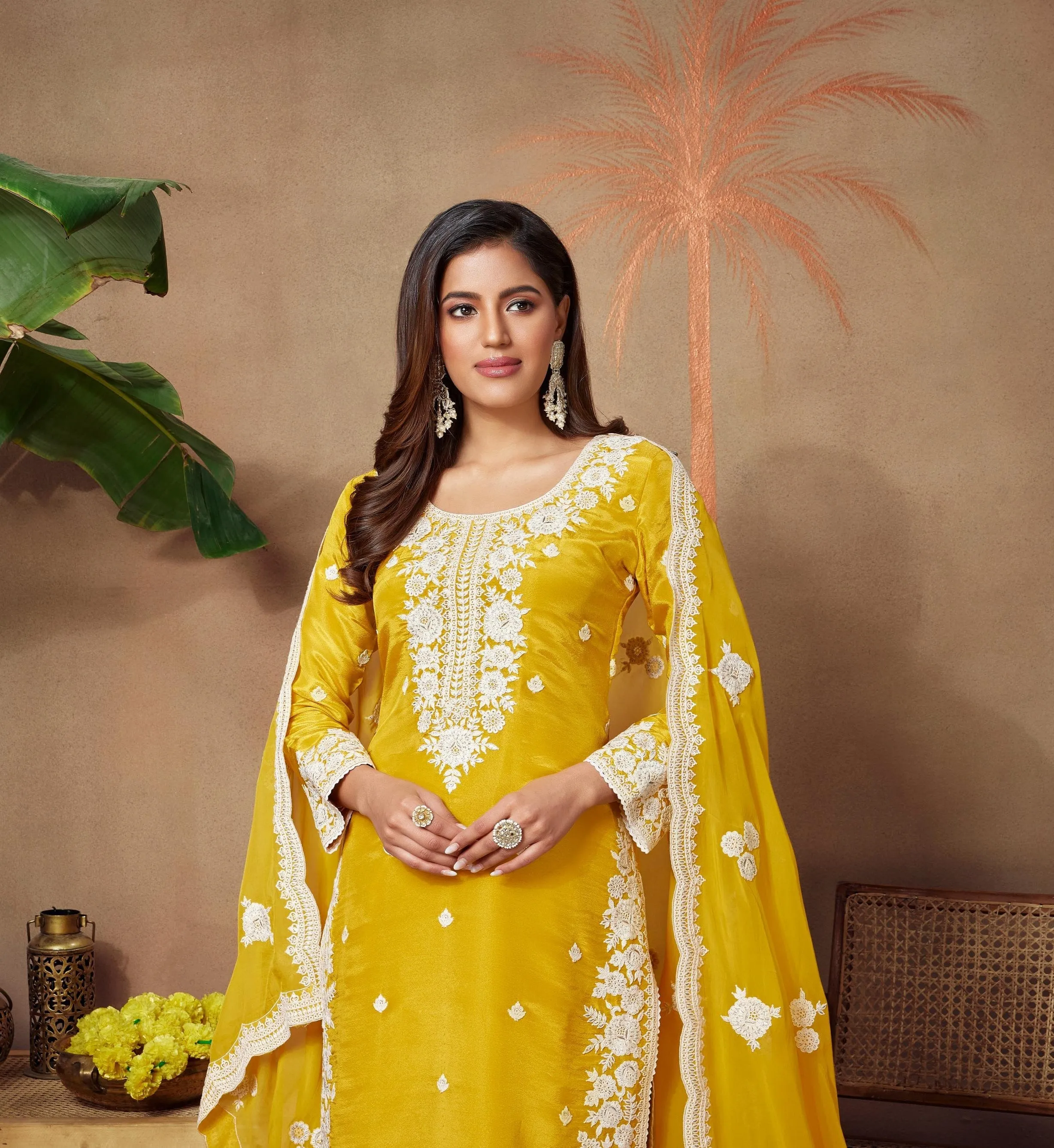 Classic Yellow Embroidered Premium Silk Pants Set