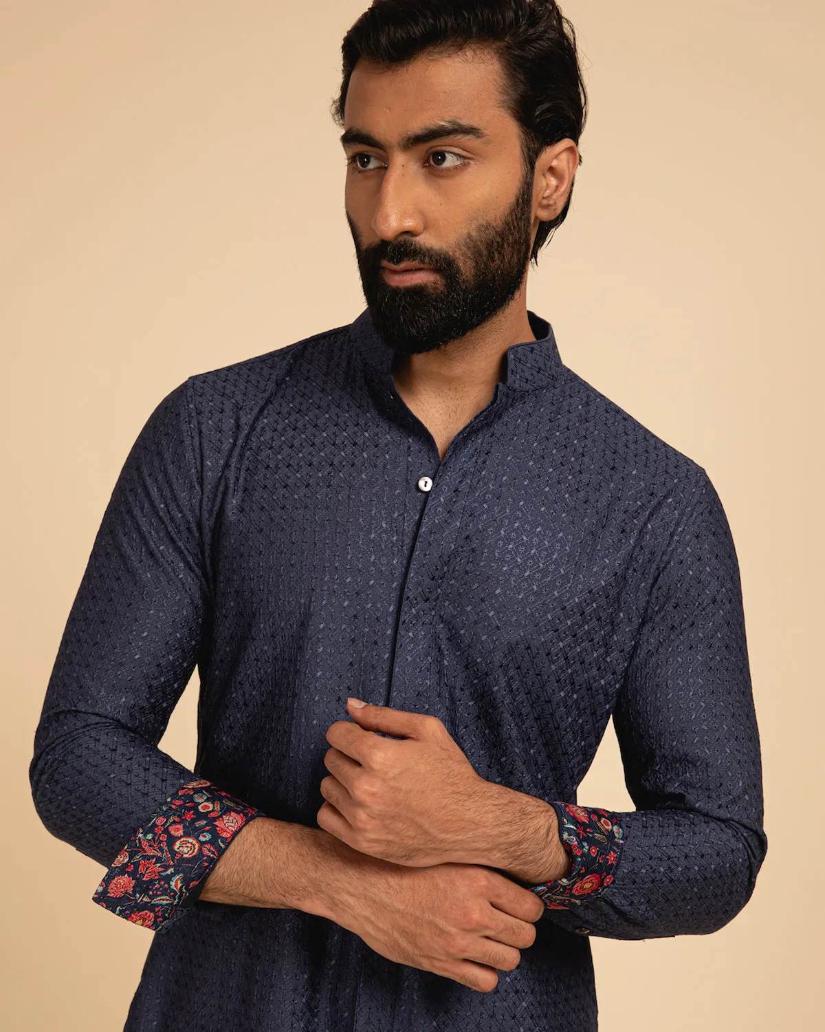 Cobalt Blue Silk Motif Kurta Set