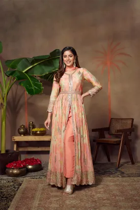 Coral Peach Embellished Premium Silk Anarkali Set