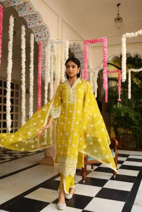 Corn Yellow Chikankari Organza Silk Kurta Set