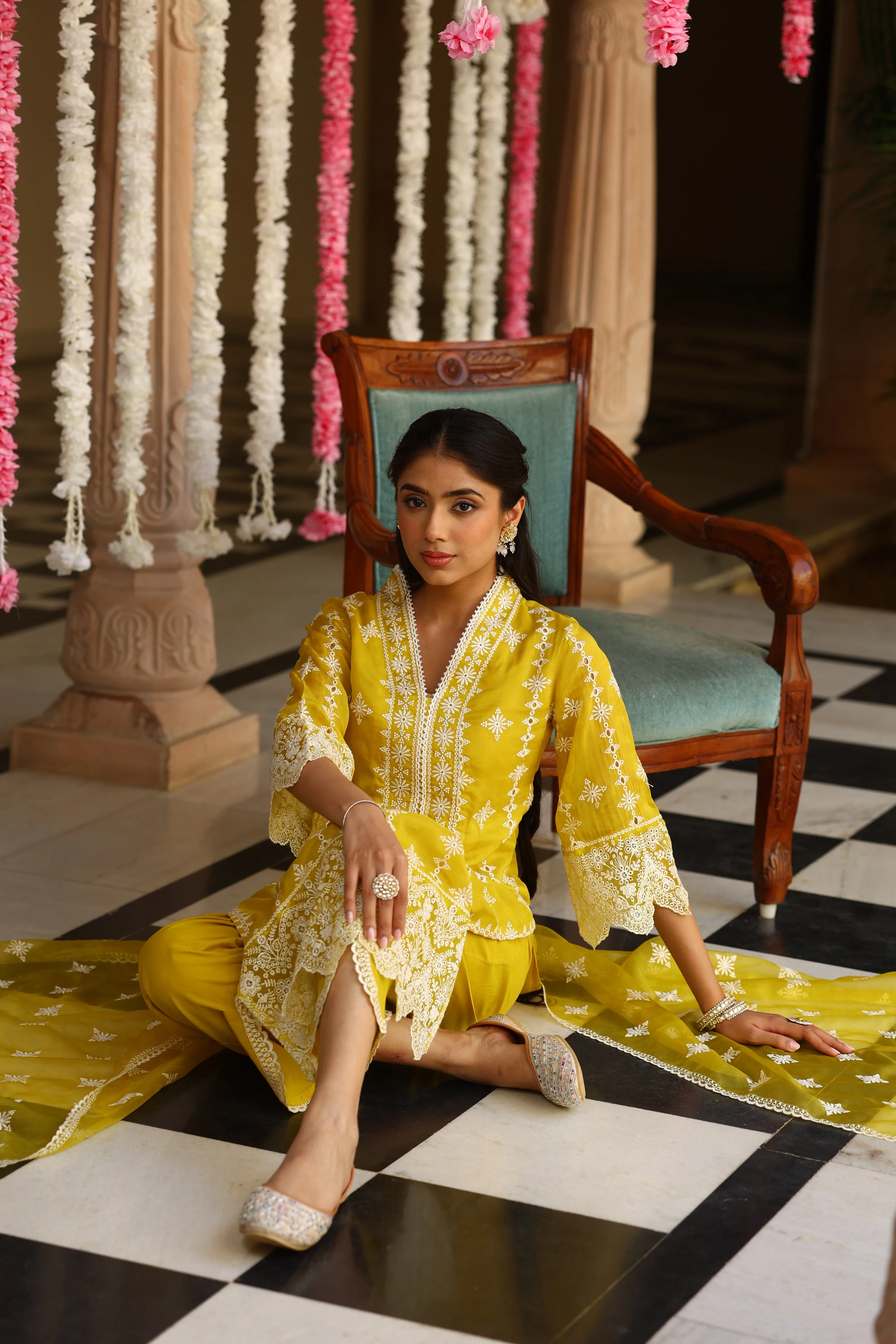 Corn Yellow Chikankari Organza Silk Kurta Set