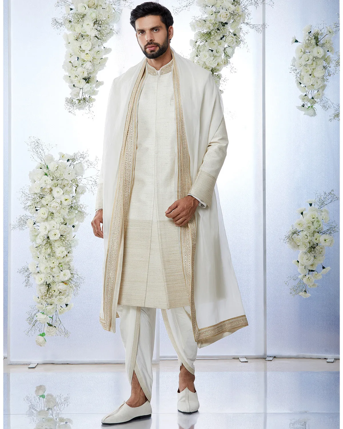 Cream & Gold Zari Sherwani Set