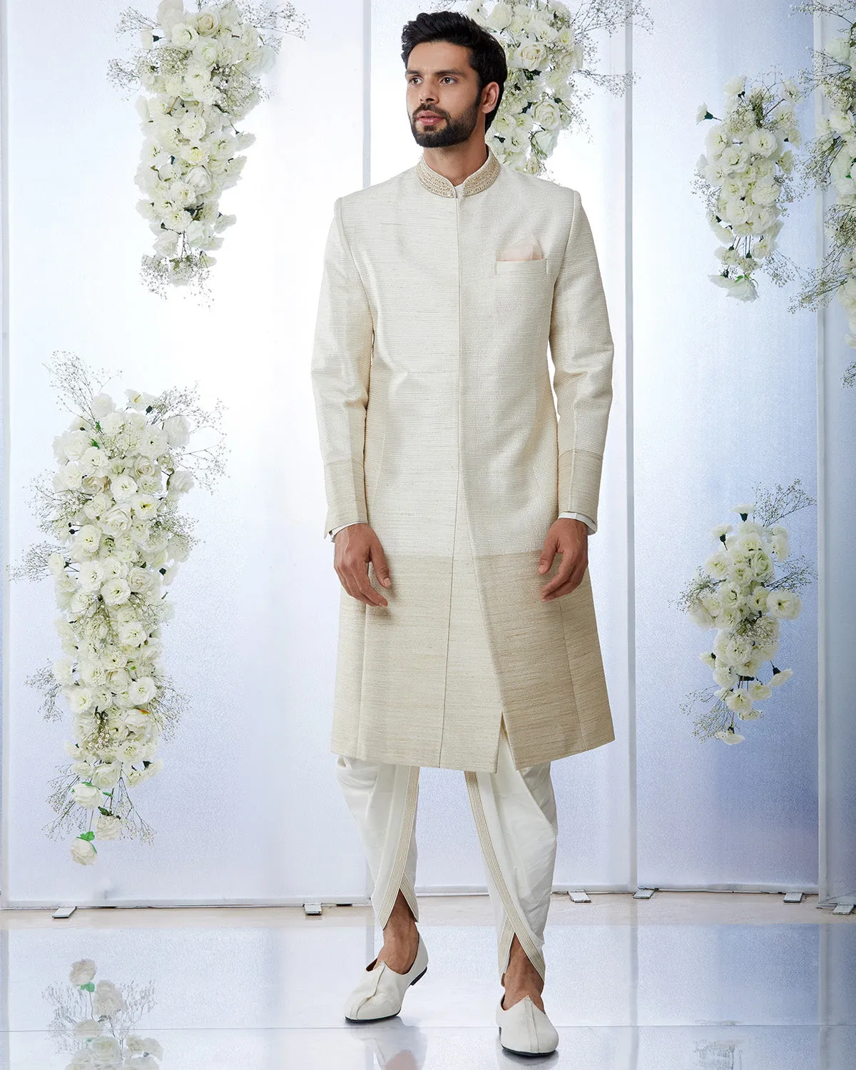 Cream & Gold Zari Sherwani Set