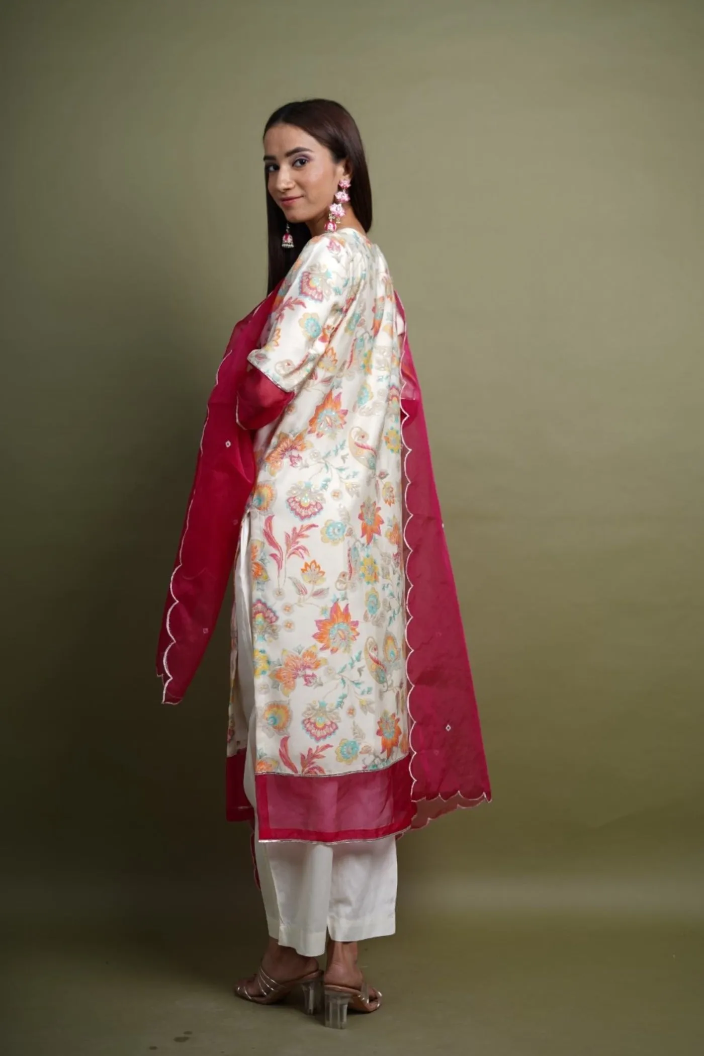 Cream Floral Italian Silk Embellished Kurta Set