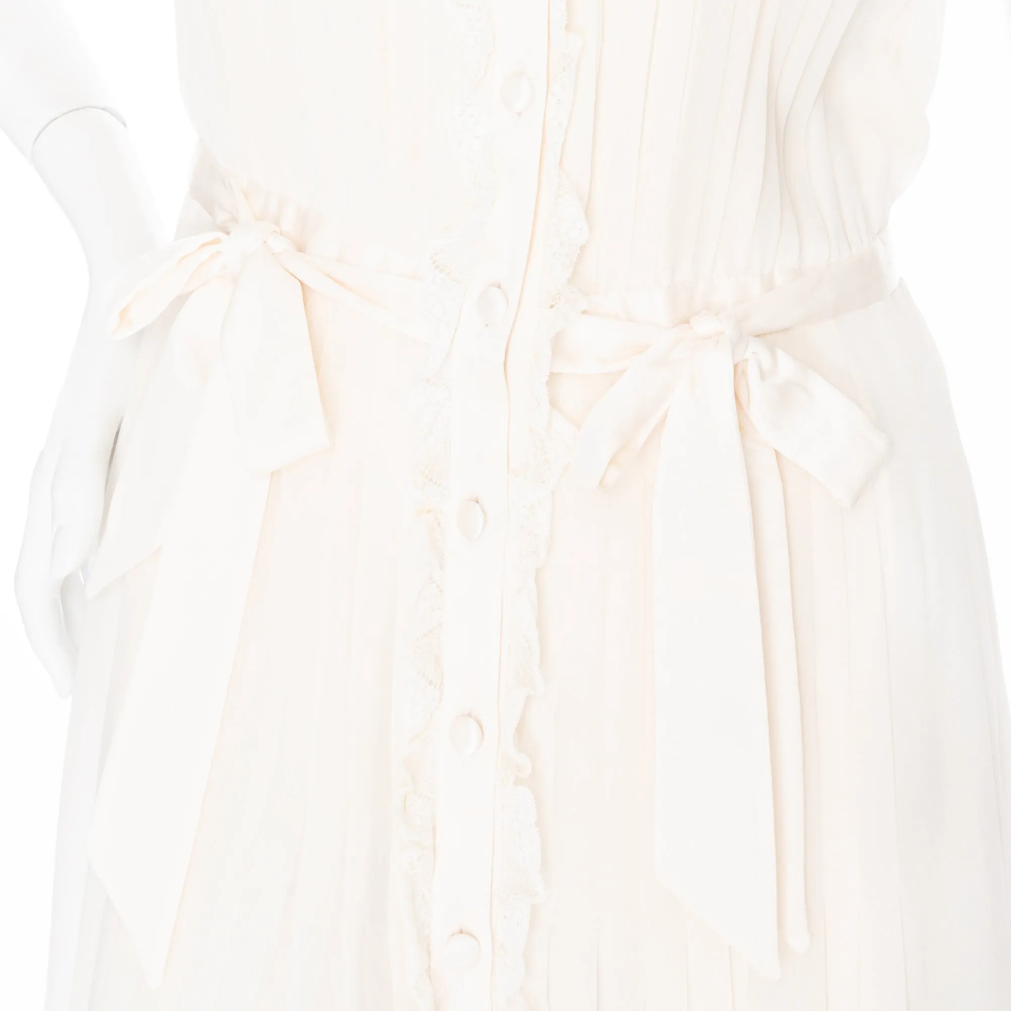 Cream Silk Lace-Trim Sleeveless Bow Dress