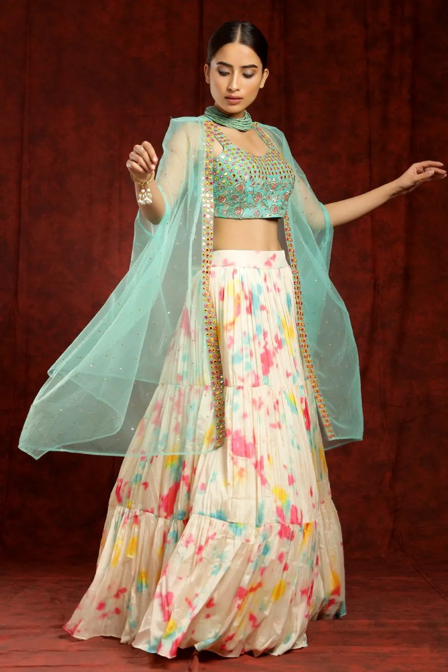 Crepe Silk Cream And Sea Green Colour Tye-dye Lehenga Blouse Dupatta Set With Embroidery