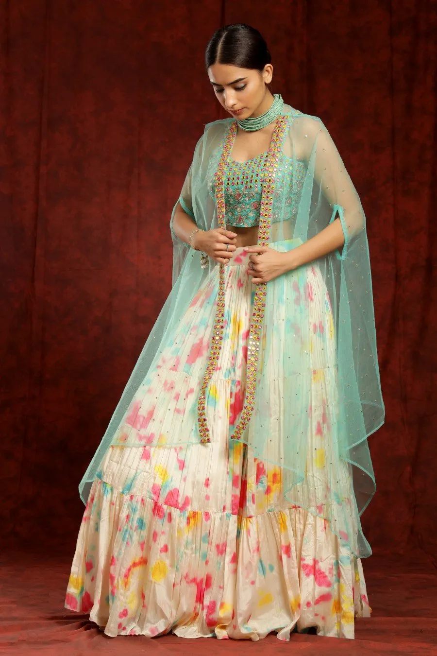 Crepe Silk Cream And Sea Green Colour Tye-dye Lehenga Blouse Dupatta Set With Embroidery