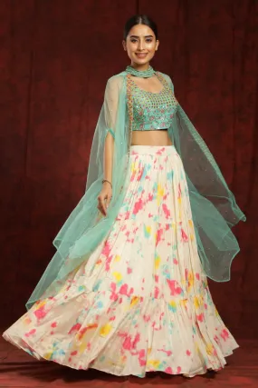 Crepe Silk Cream And Sea Green Colour Tye-dye Lehenga Blouse Dupatta Set With Embroidery