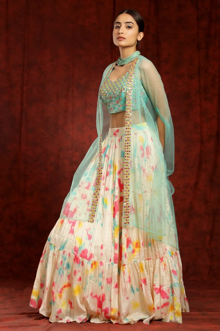 Crepe Silk Cream And Sea Green Colour Tye-dye Lehenga Blouse Dupatta Set With Embroidery