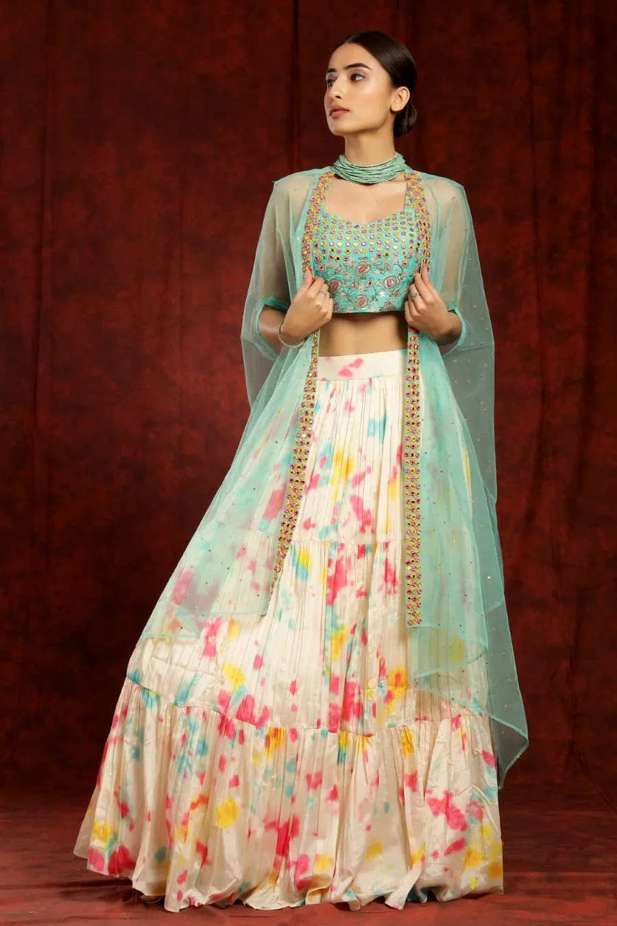 Crepe Silk Cream And Sea Green Colour Tye-dye Lehenga Blouse Dupatta Set With Embroidery