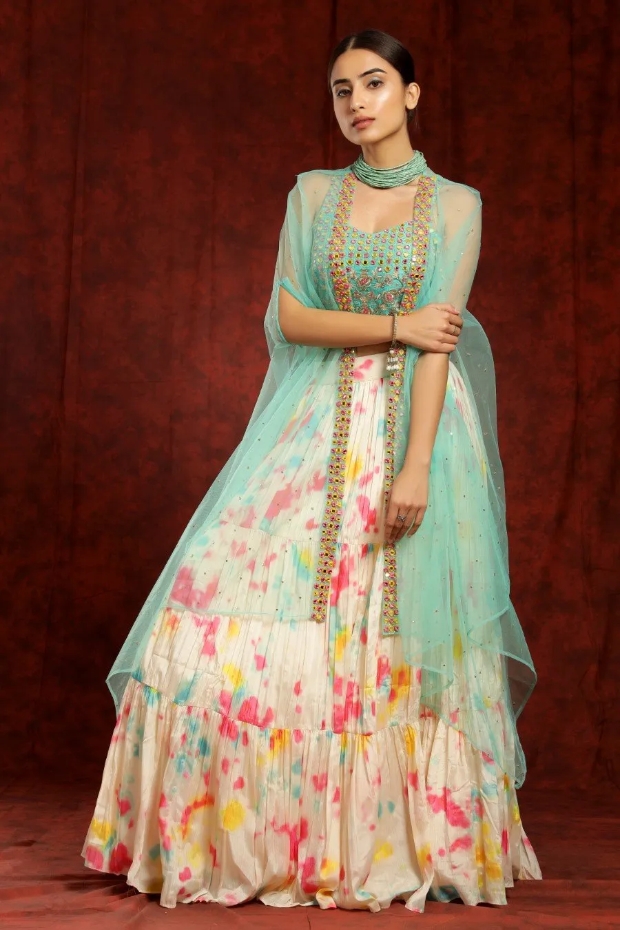 Crepe Silk Cream And Sea Green Colour Tye-dye Lehenga Blouse Dupatta Set With Embroidery