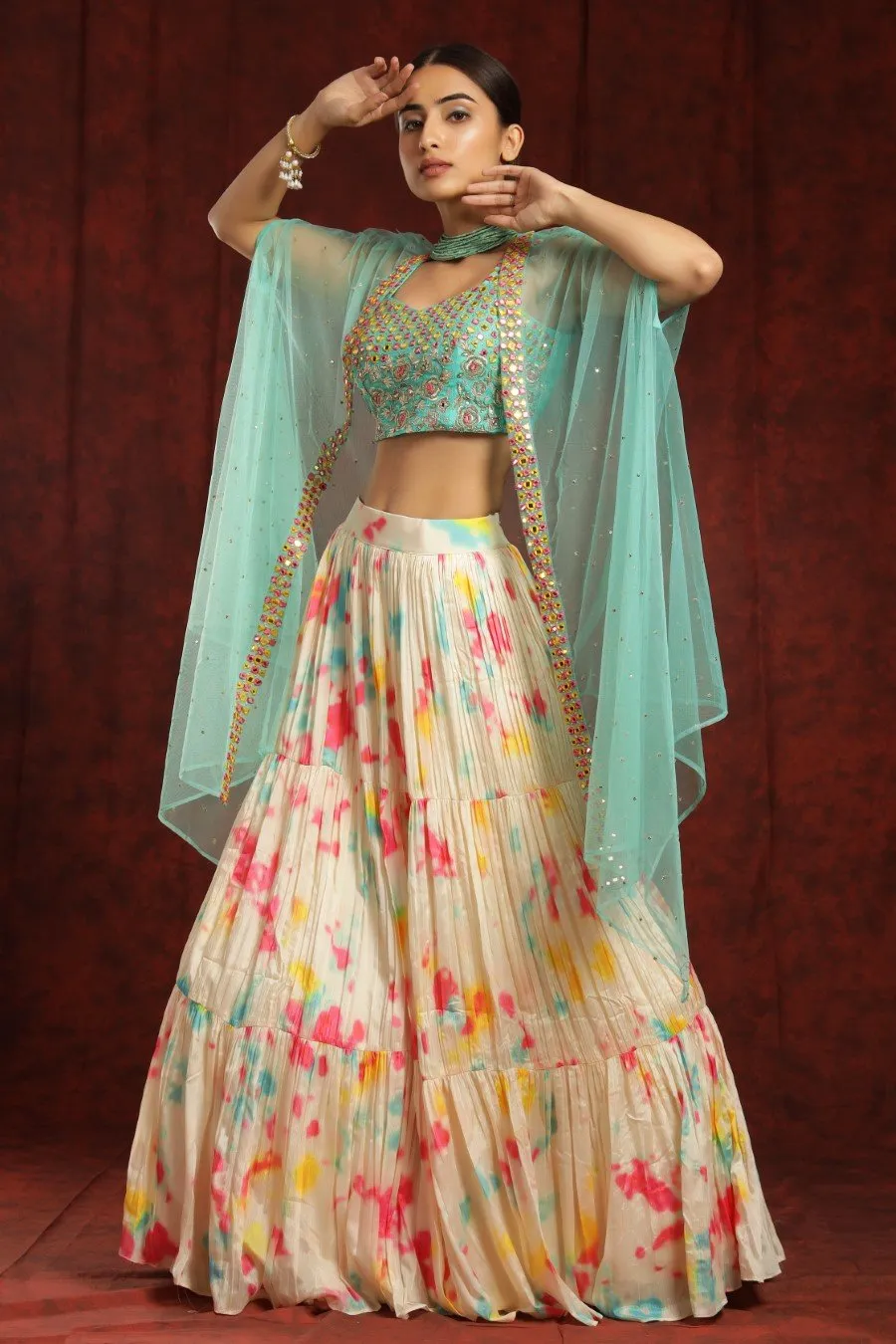 Crepe Silk Cream And Sea Green Colour Tye-dye Lehenga Blouse Dupatta Set With Embroidery