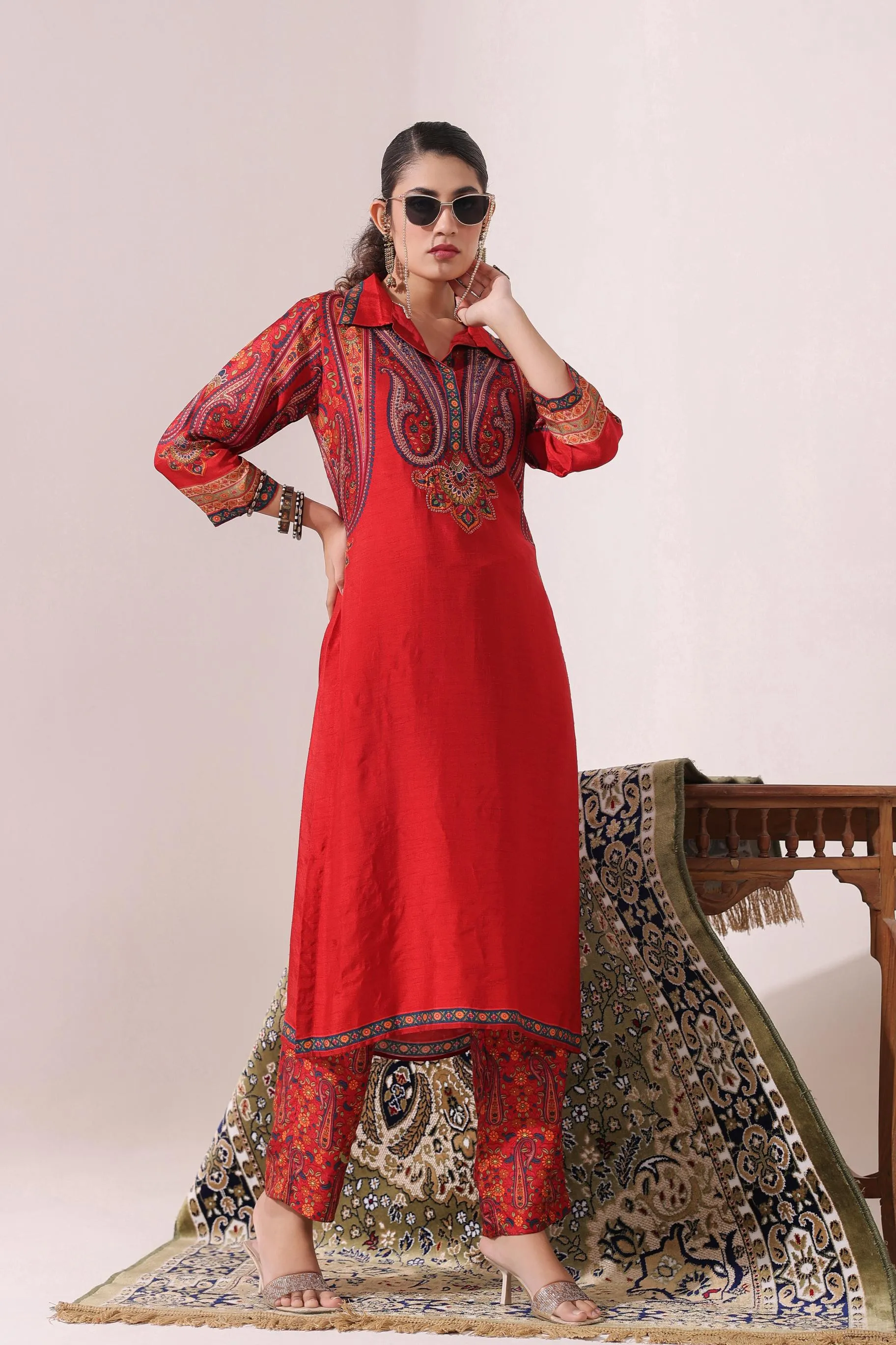 Crimson Red Traditional Printed Kurti With Pants Set