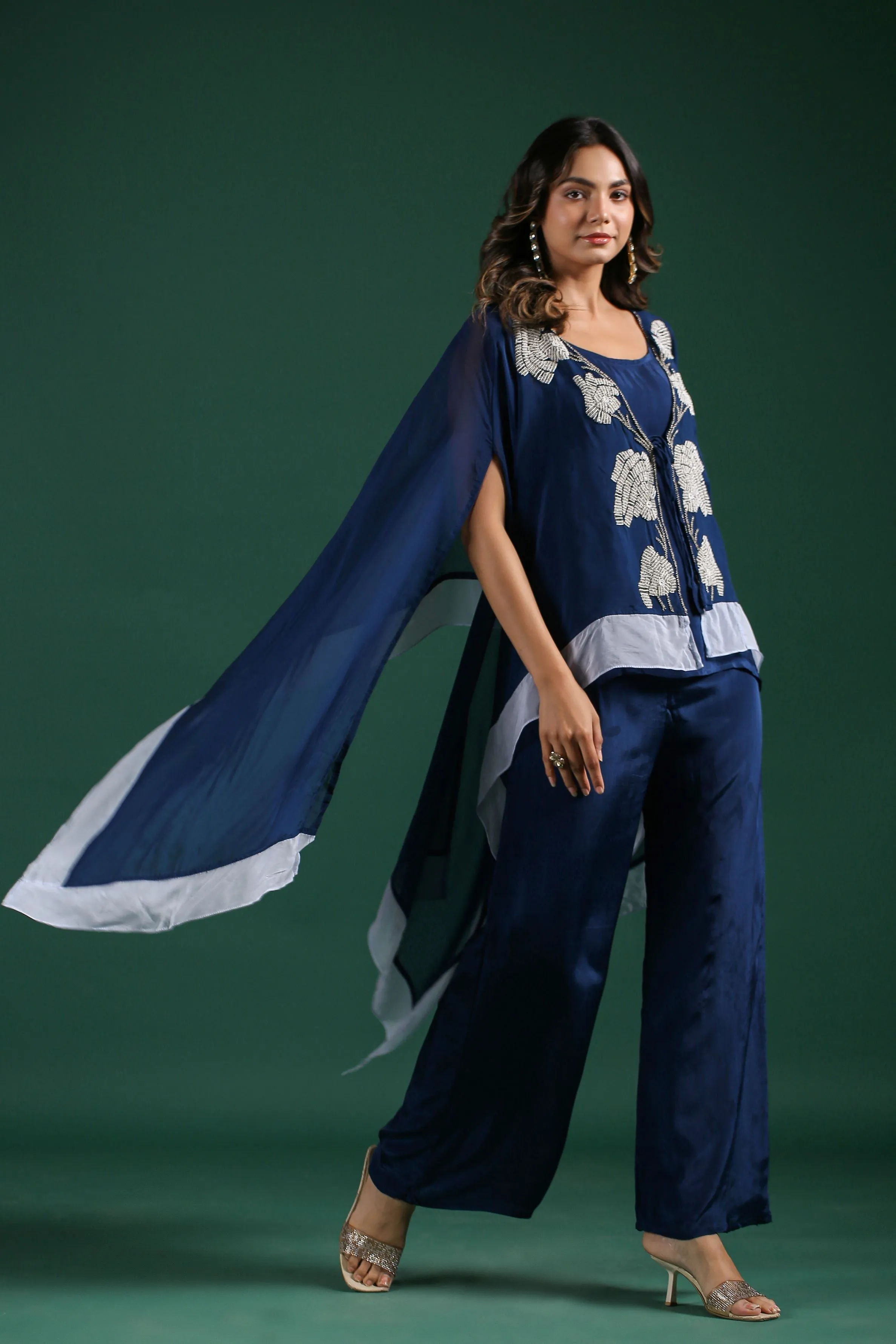 Deep Blue Embellised Organza Silk Cape Set