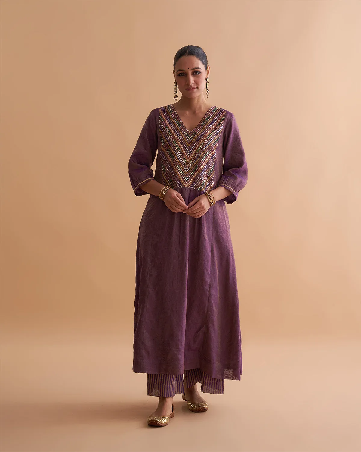 Deep Purple Silk Tissue Chanderi Ensemble with Handwork & Odhani