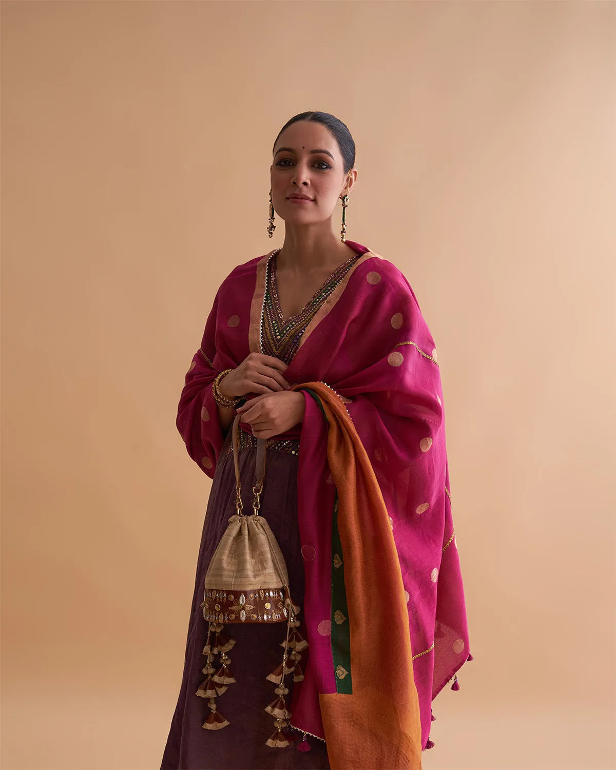 Deep Purple Silk Tissue Chanderi Ensemble with Handwork & Odhani