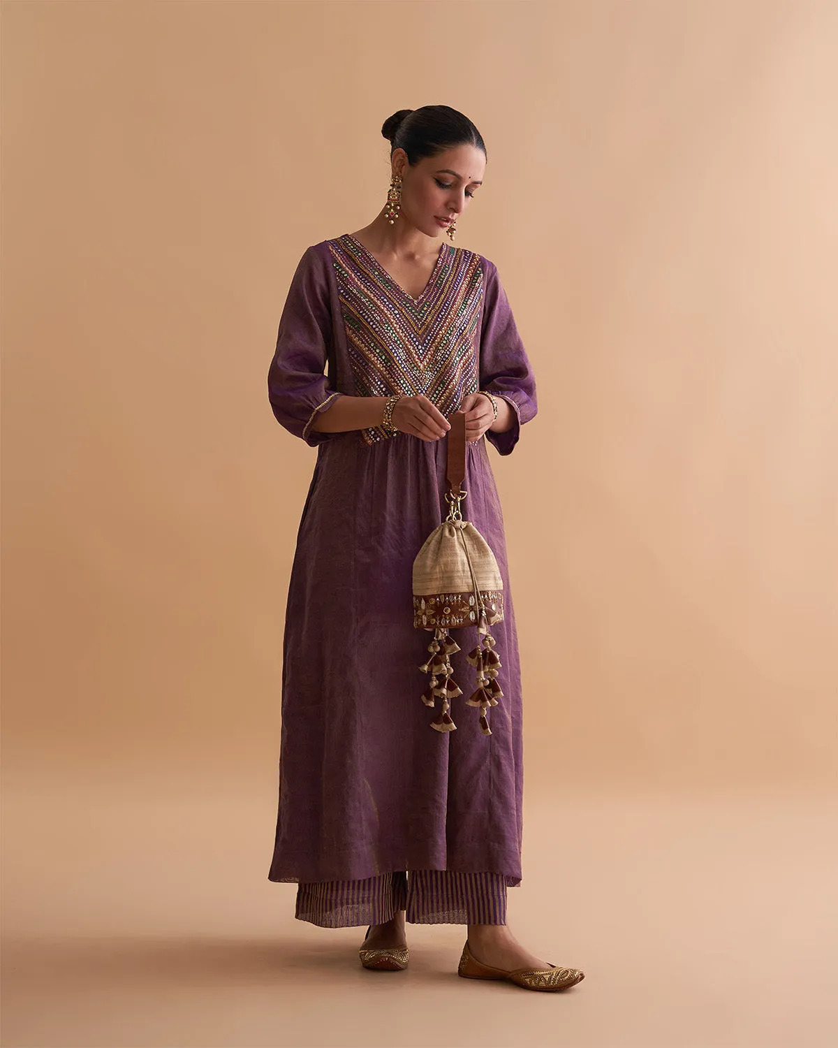 Deep Purple Silk Tissue Chanderi Ensemble with Handwork & Odhani