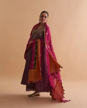 Deep Purple Silk Tissue Chanderi Ensemble with Handwork & Odhani