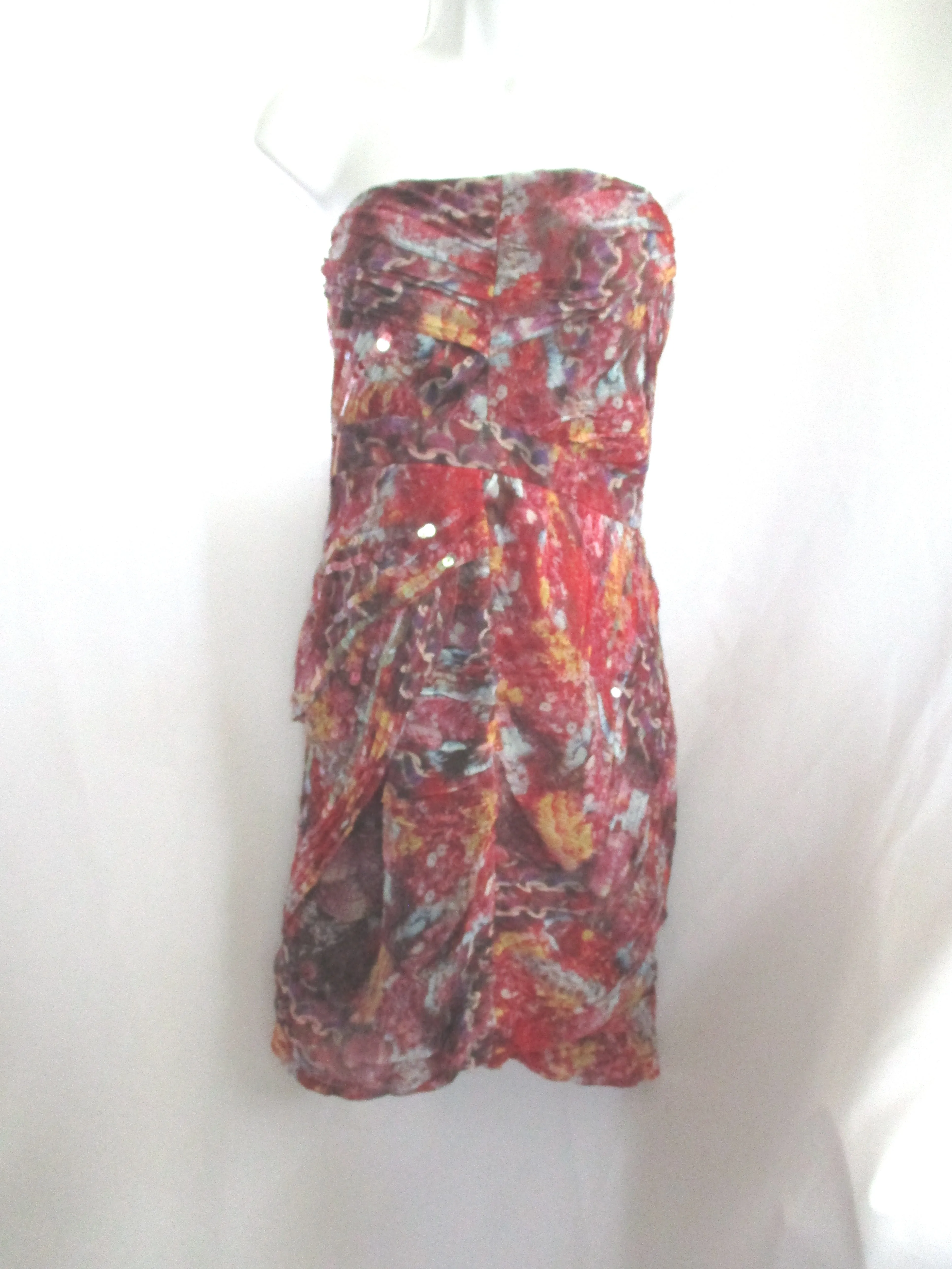 DIANE VON FURSTENBERG SILK Ruched Floral Sequin Dress 6 Red Tiered