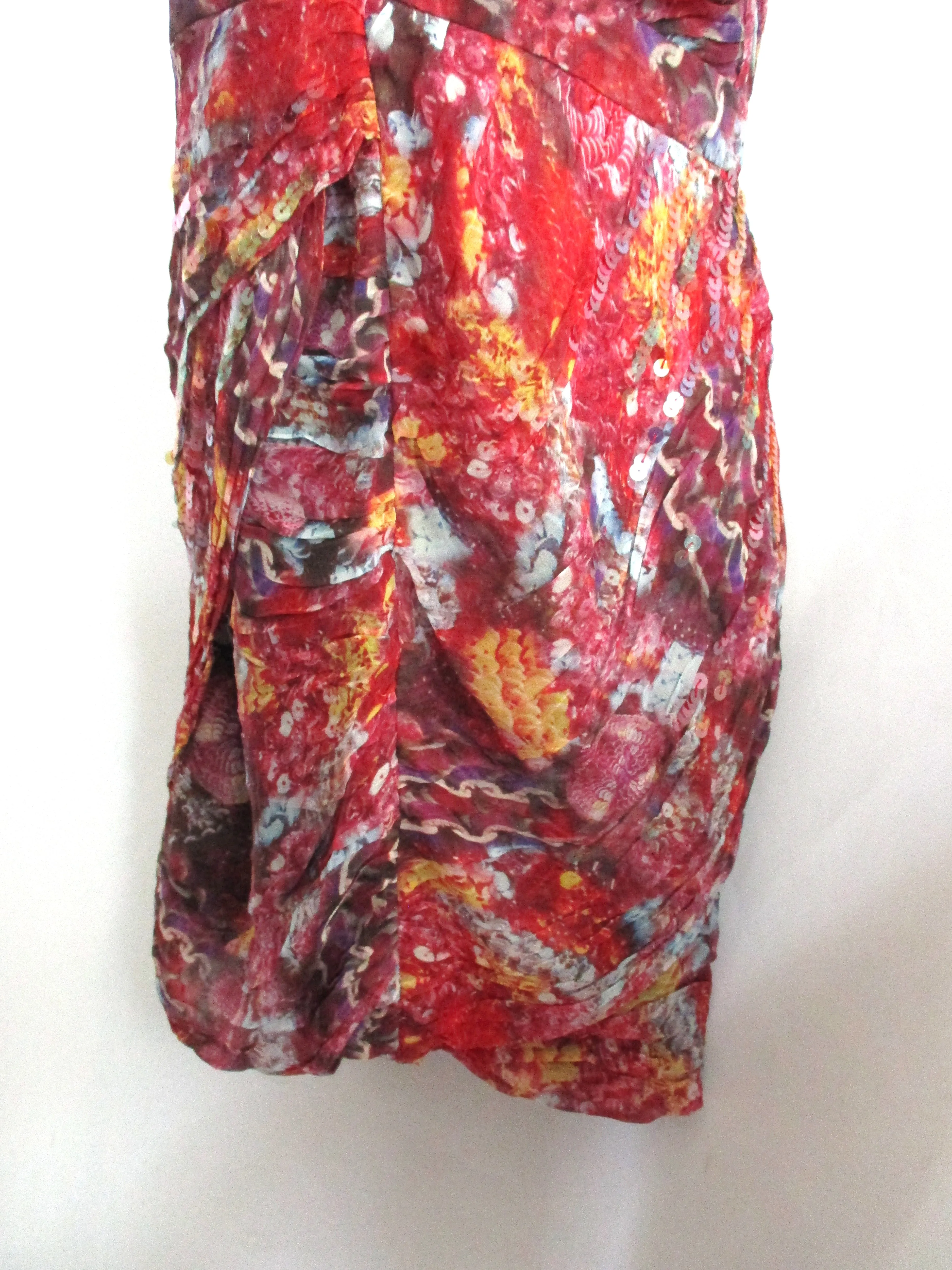 DIANE VON FURSTENBERG SILK Ruched Floral Sequin Dress 6 Red Tiered