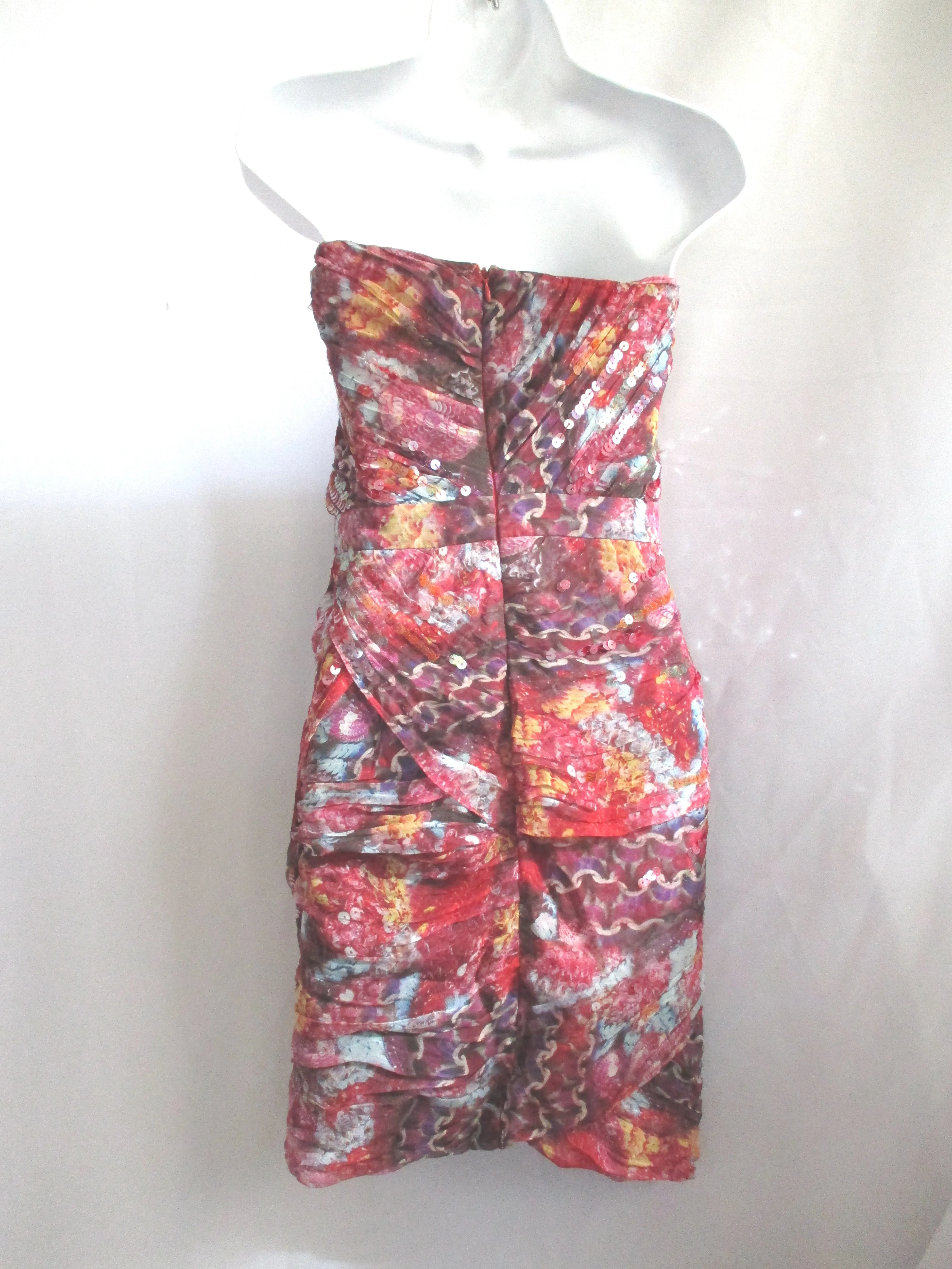 DIANE VON FURSTENBERG SILK Ruched Floral Sequin Dress 6 Red Tiered