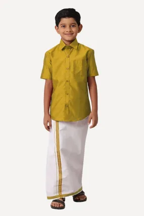 Divine - Mustard Yellow Matching Fixit Dhoti and Shirt 2 in 1 Set For Kids | Uathayam