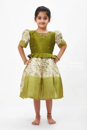 Enchanting Green Zari-Embroidered with Floral Print Silk Frock for Girls